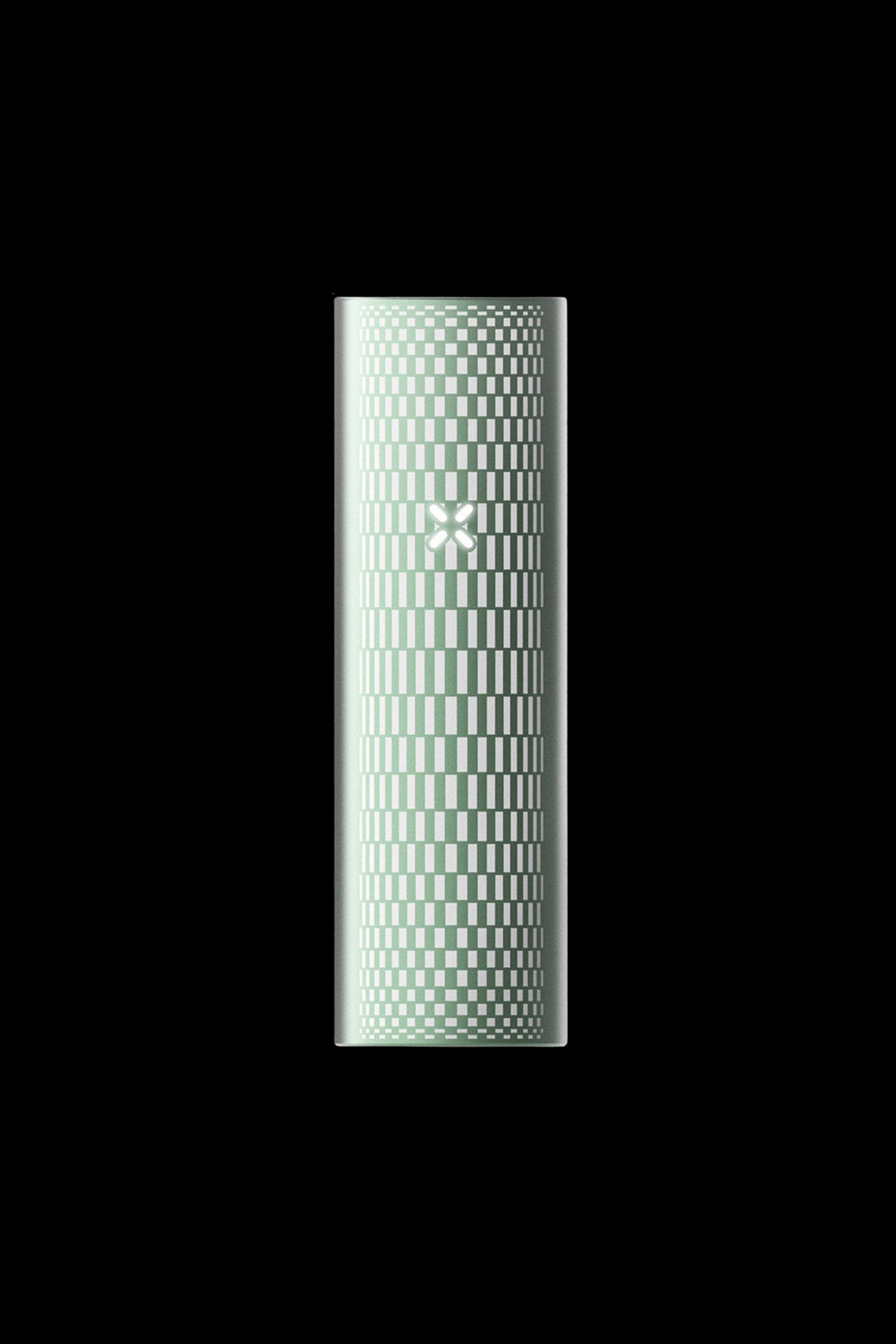 Green cannabis vape pen with geometric pattern.