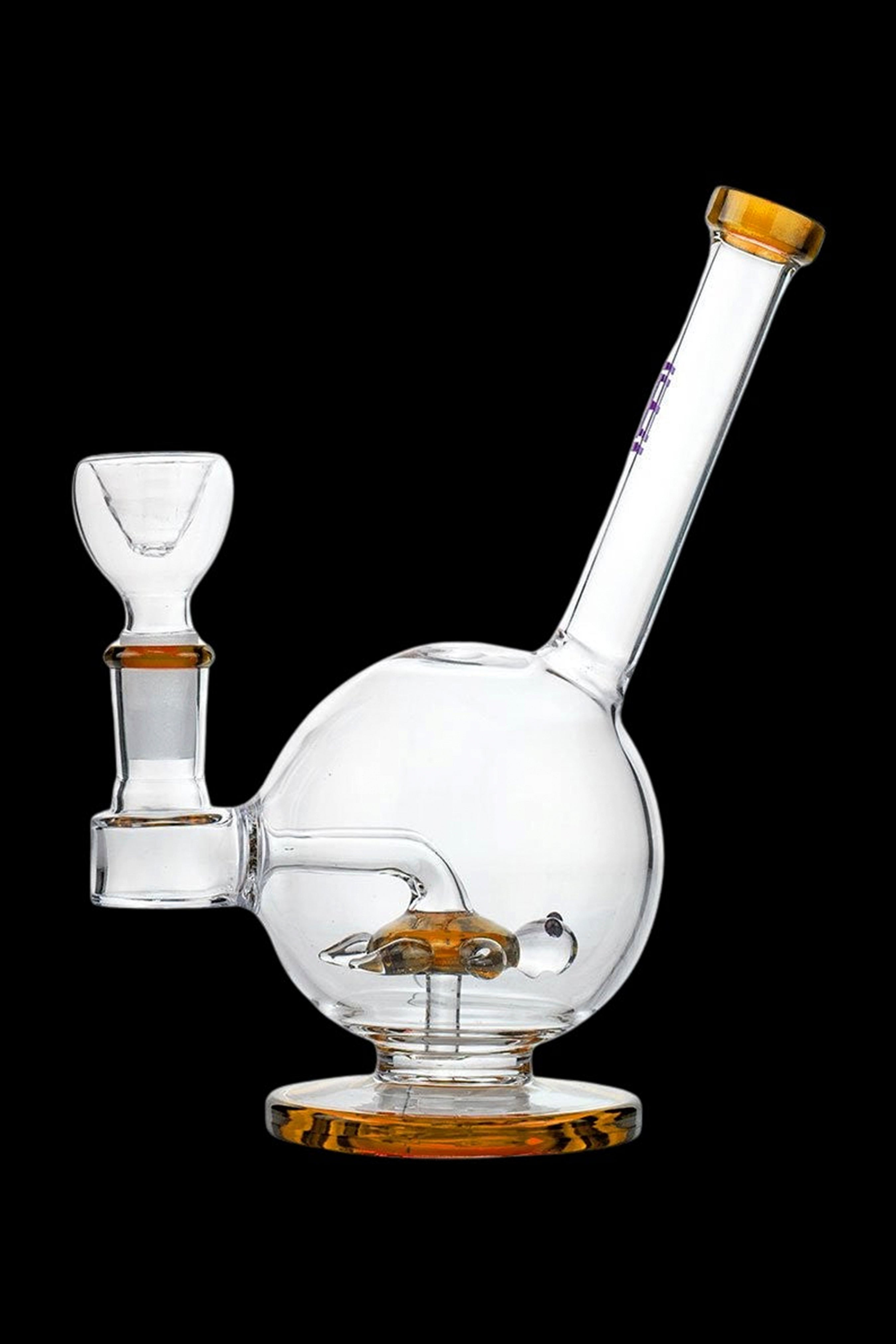 Clear glass water pipe (bubbler) with orange accents and a glass bowl.