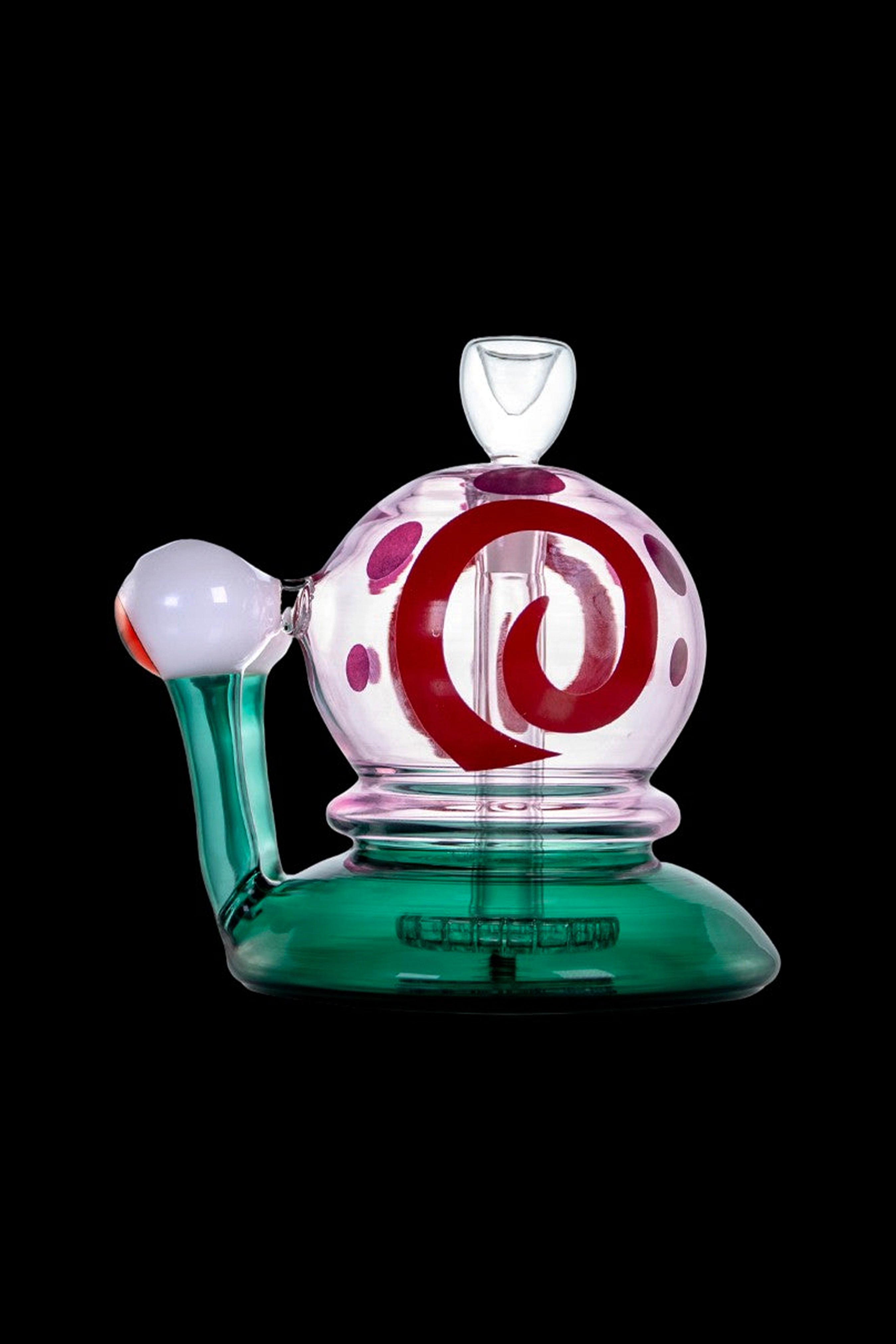 Emerald green and lavender glass water pipe with swirling red and white design.