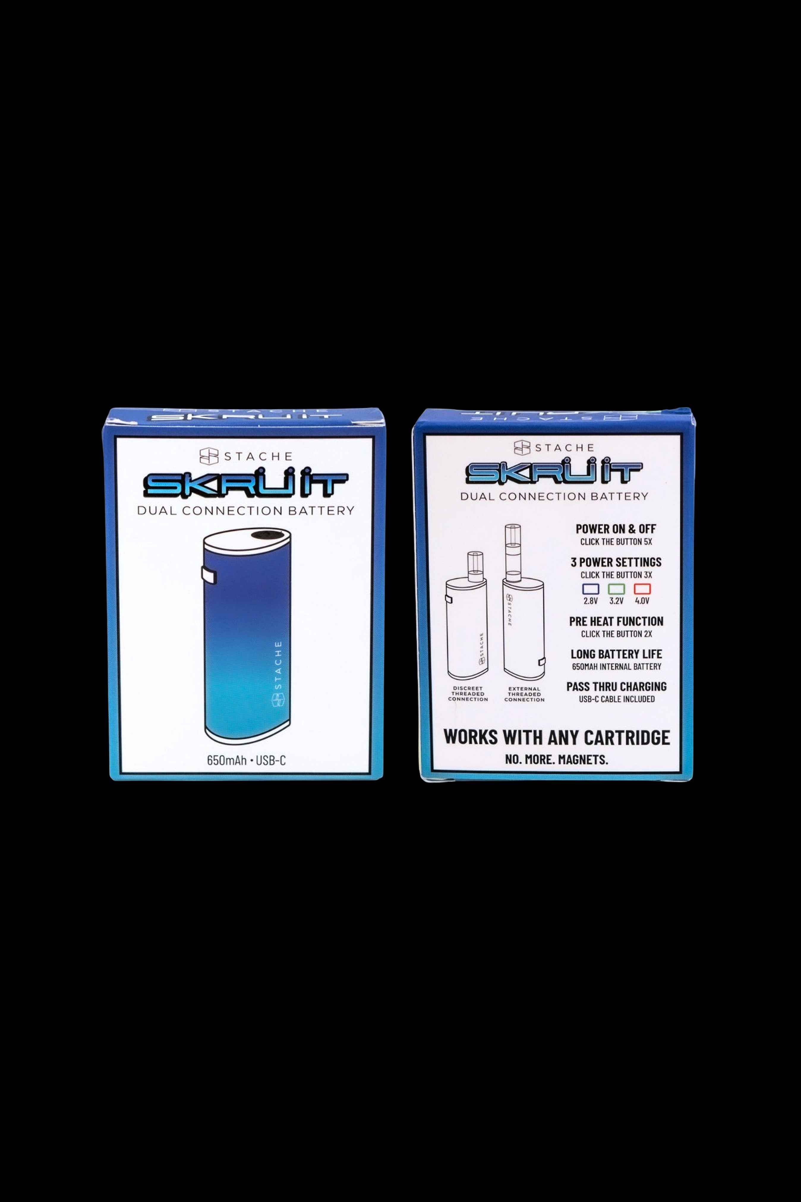 Product packaging for a Stache Skrut dual connection cannabis oil vape battery, featuring specifications like 650mAh capacity and USB-C charging.