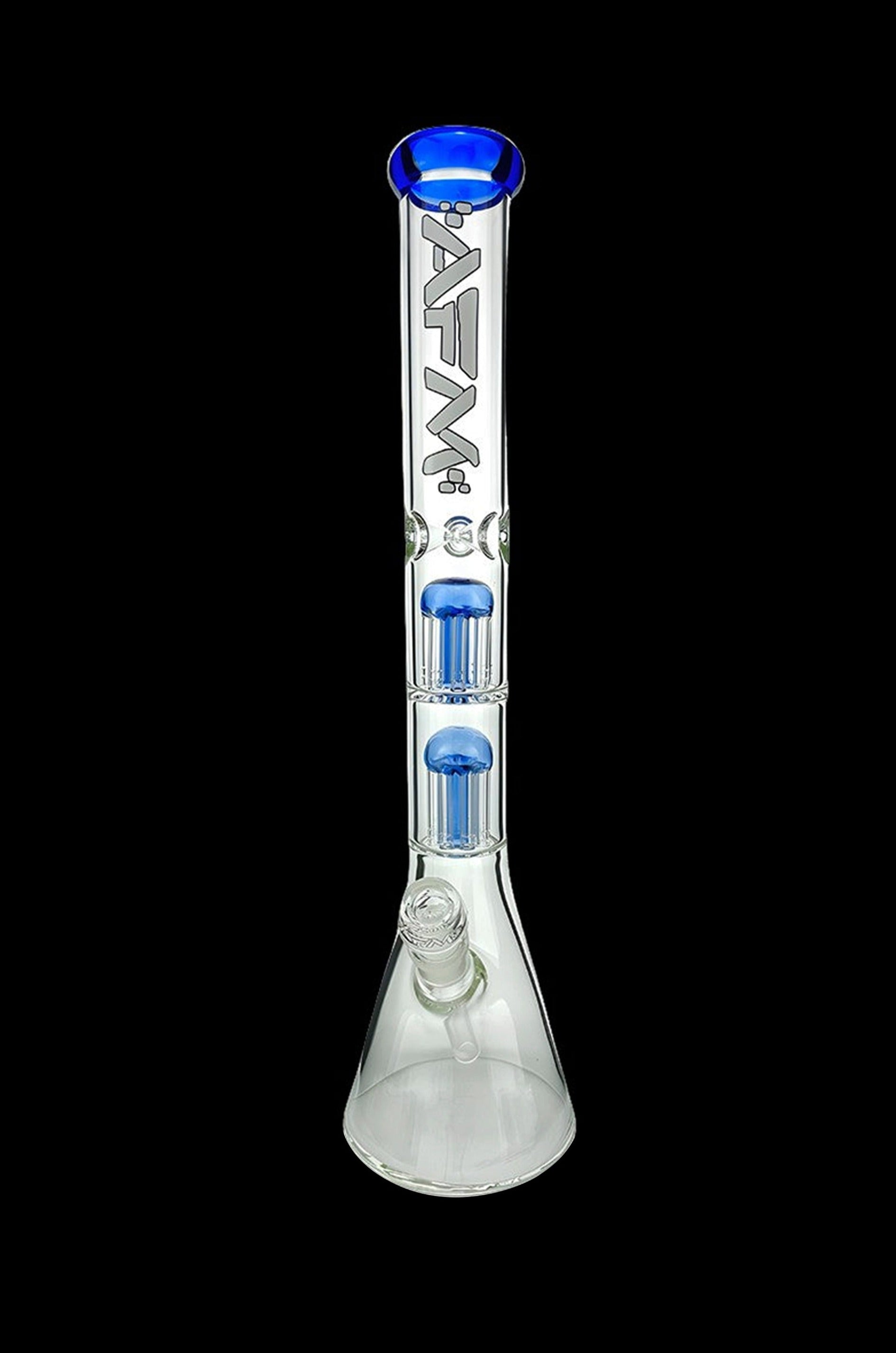 Glass bong with blue accents and ice catchers.