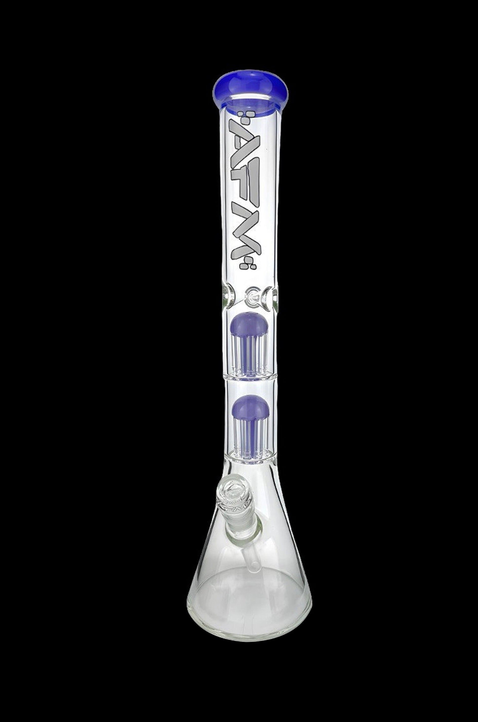 Clear glass bong with blue accents and intricate percolators.