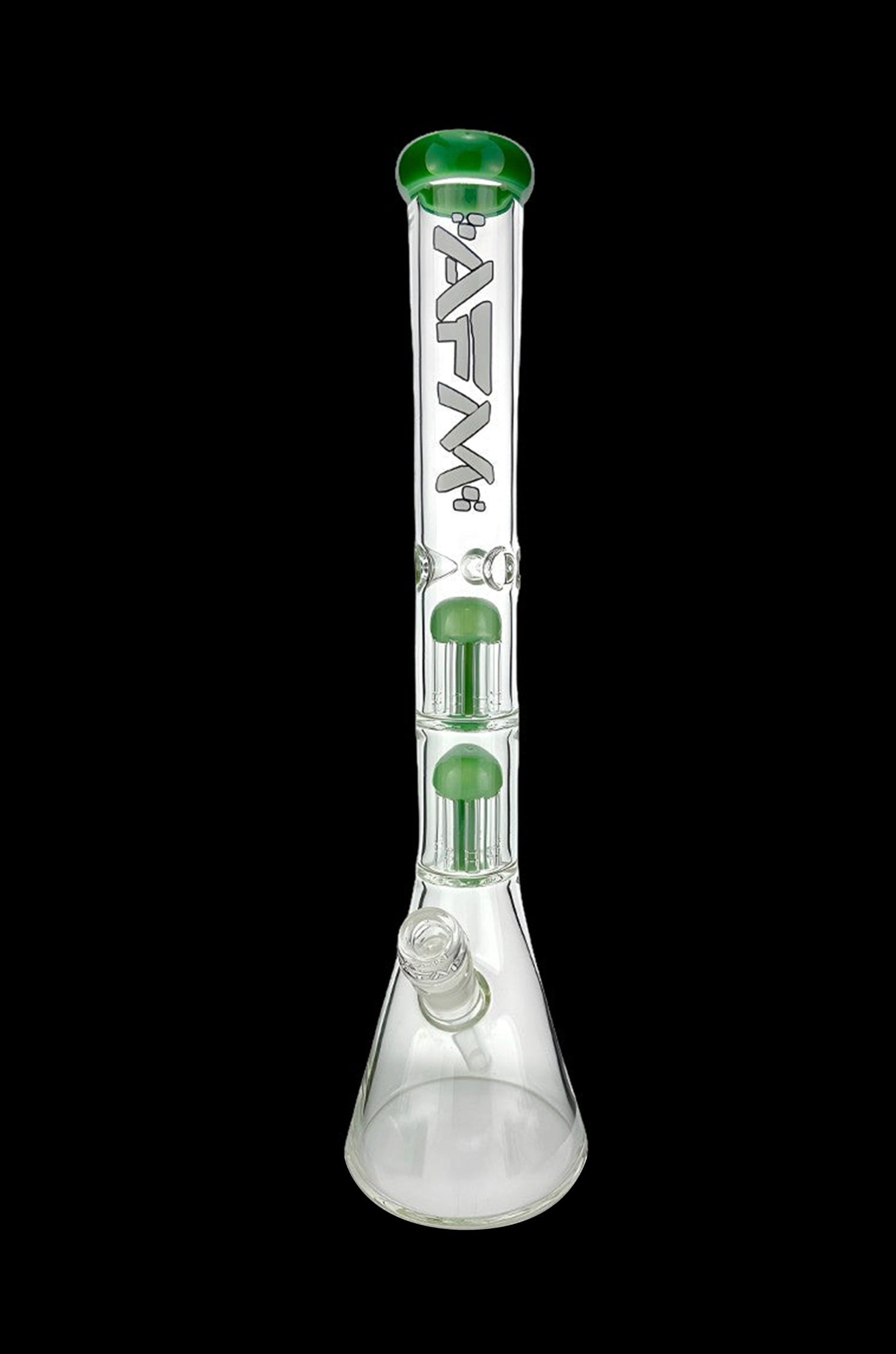 Green glass water pipe (bong) with branded lettering.