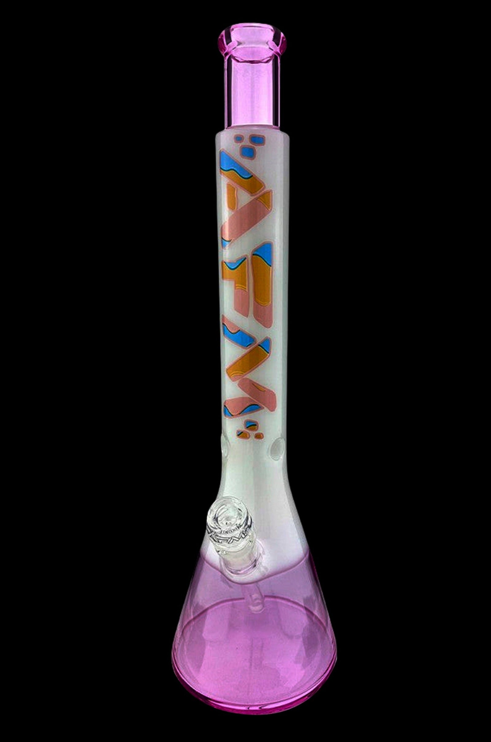 A tall, clear glass bong with a flared base and purple accents, decorated with colorful geometric patterns.