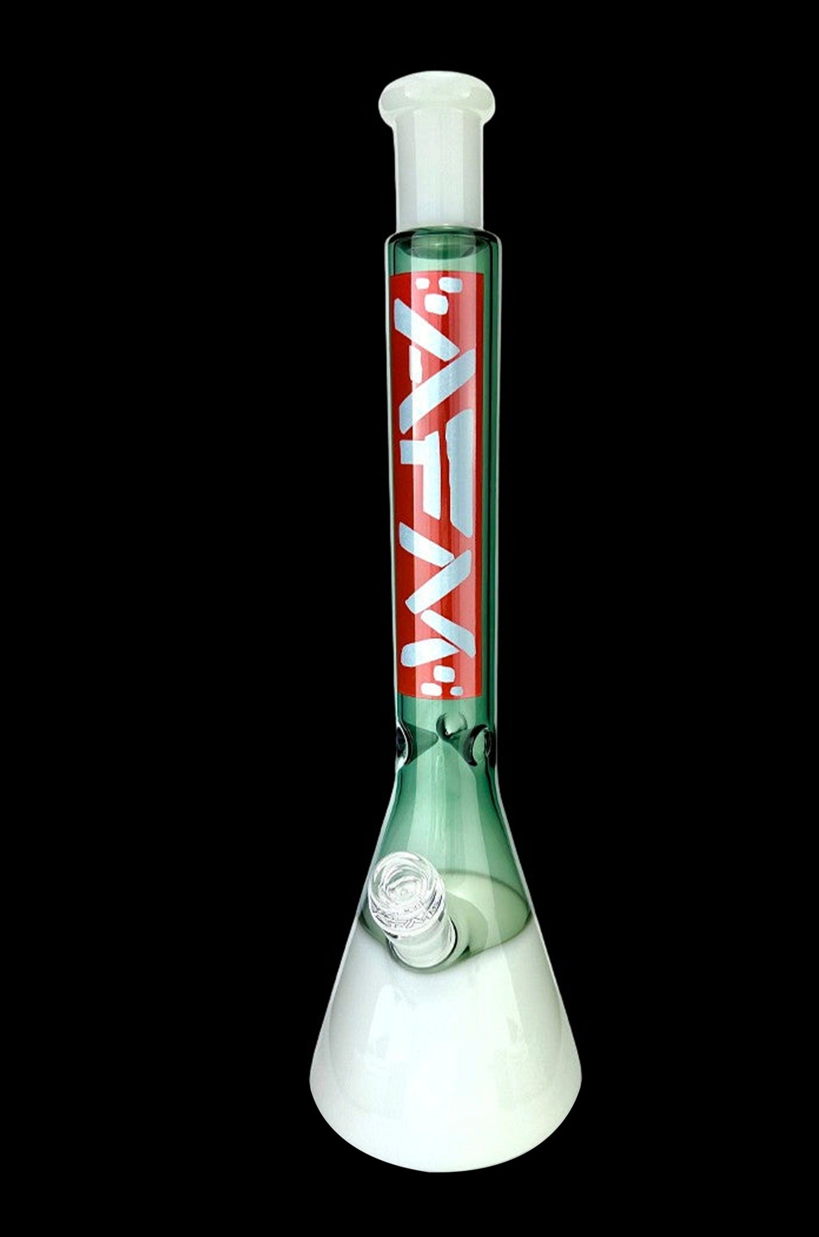 Green and white glass bong with red lettering, isolated on a black background.