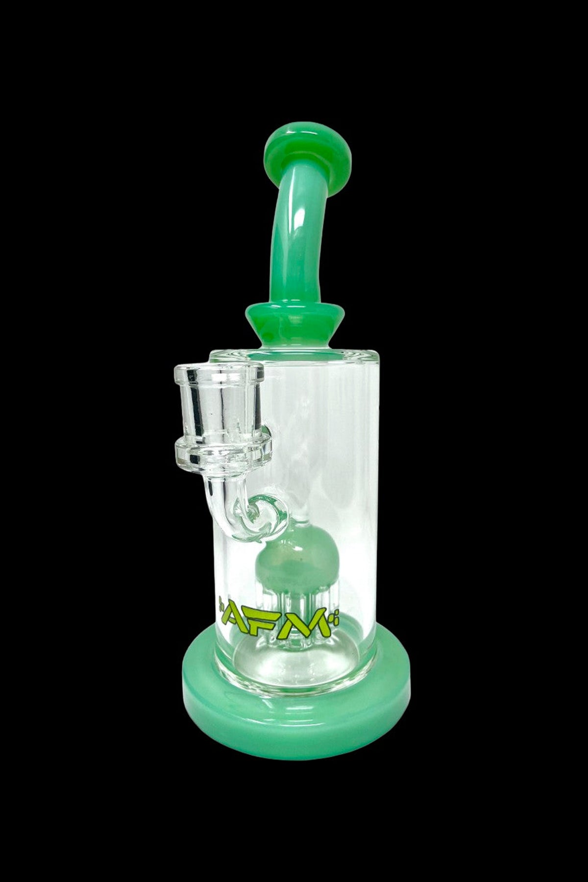 Green glass water pipe (bong) with percolator and branded base.