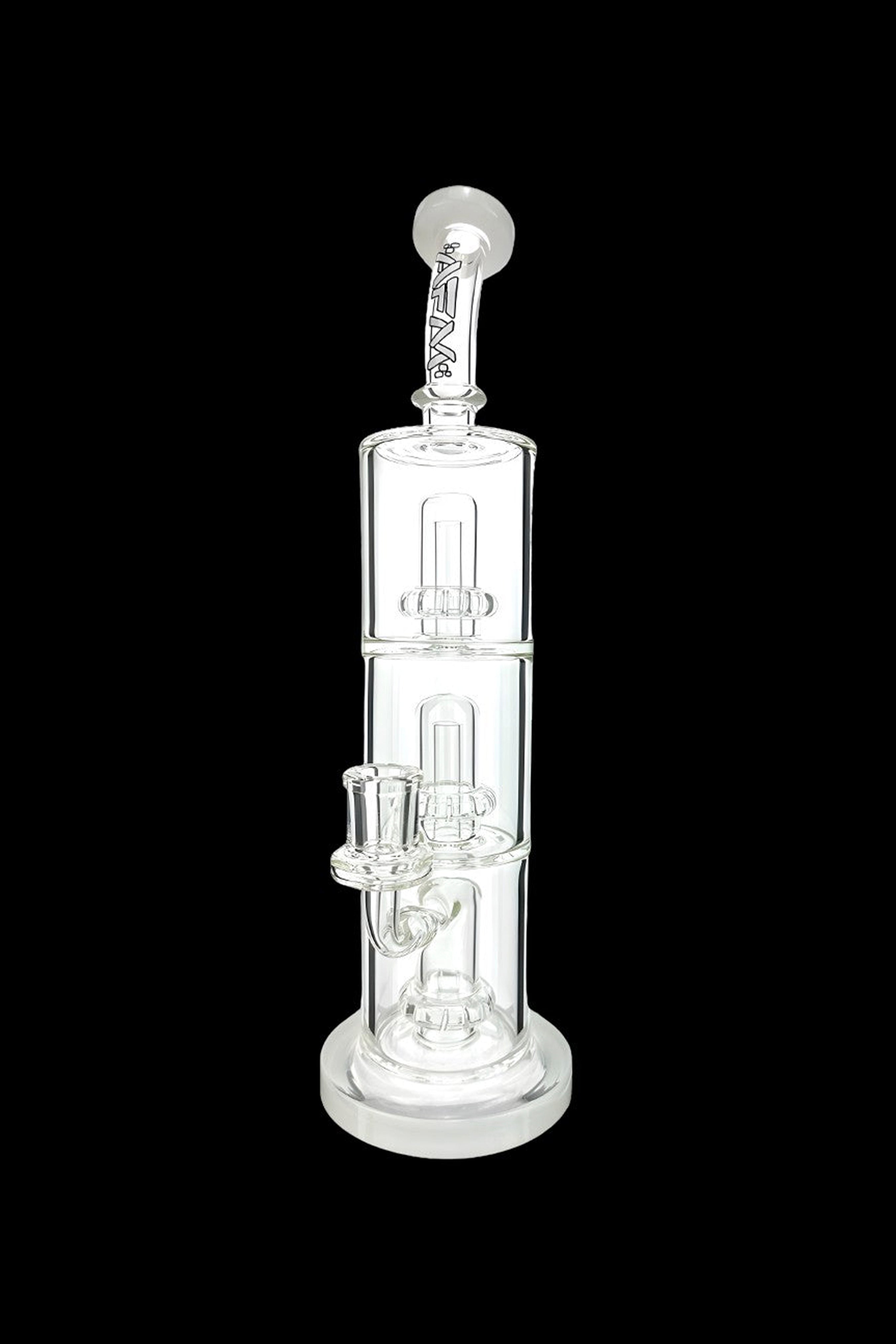 Clear glass water pipe (rig) with multiple filtration chambers.