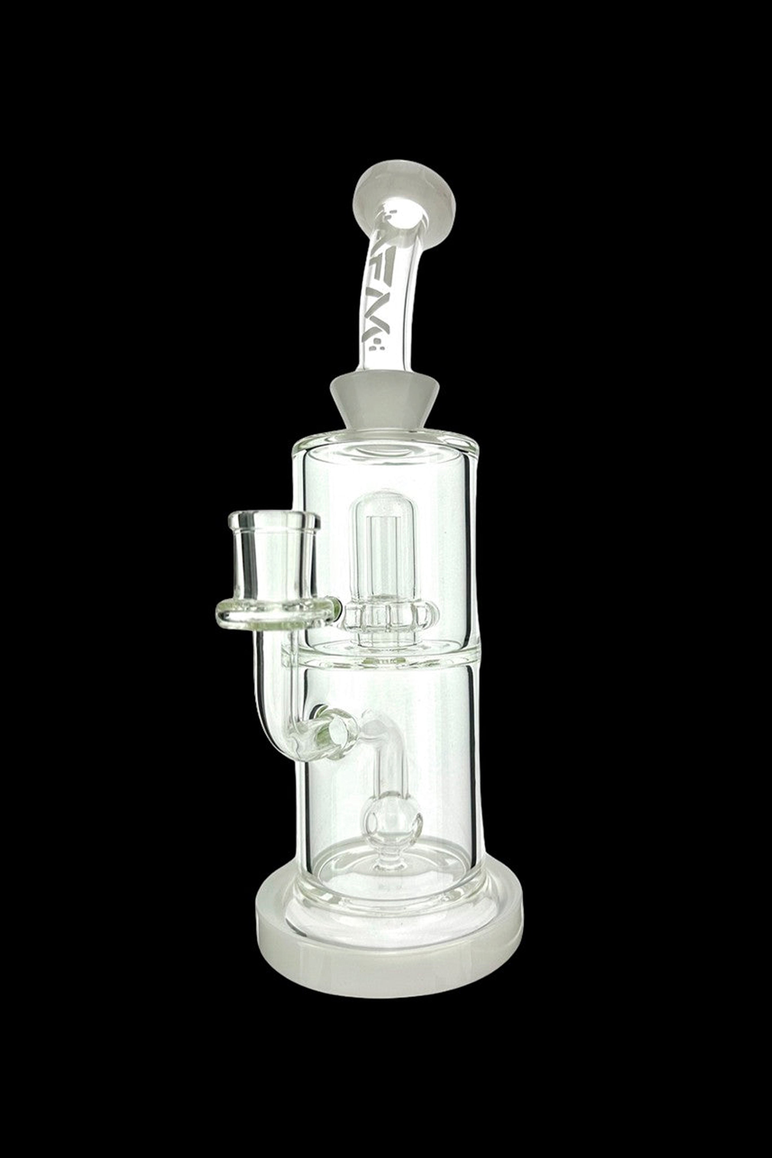 Clear glass water pipe (rig) with percolators, isolated on a black background.
