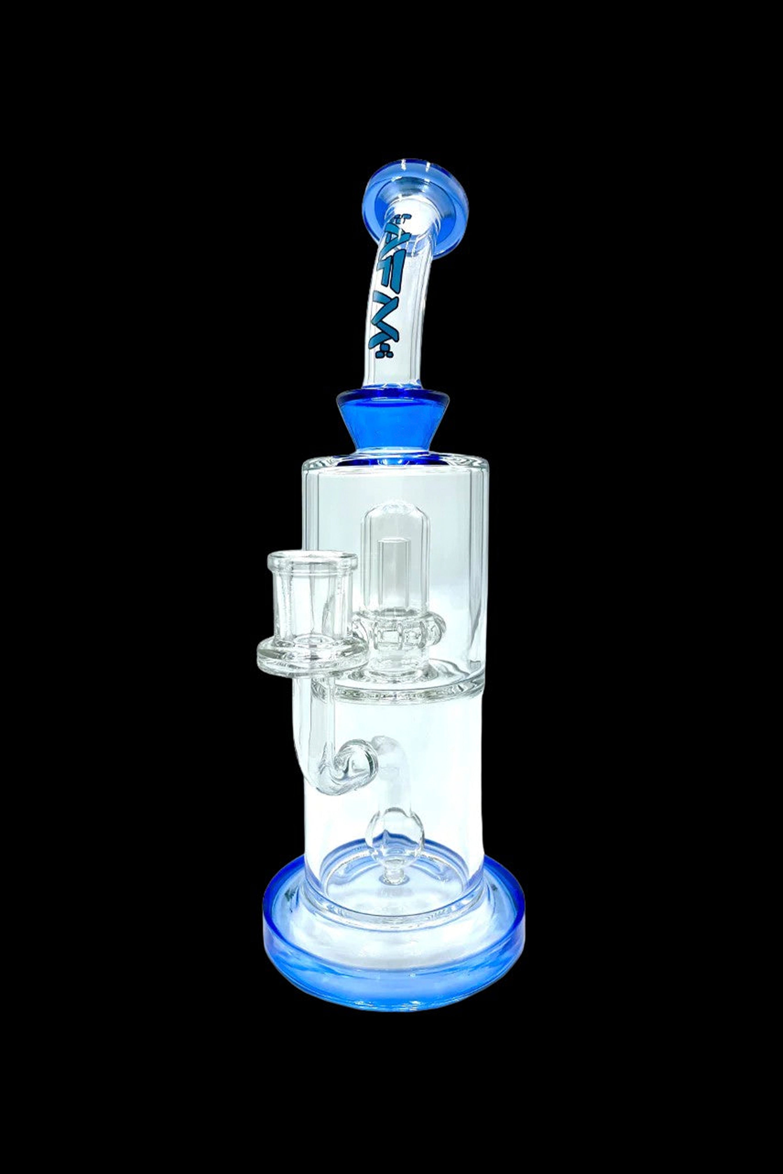 Blue glass water pipe (bong) with bubbler and intricate design.