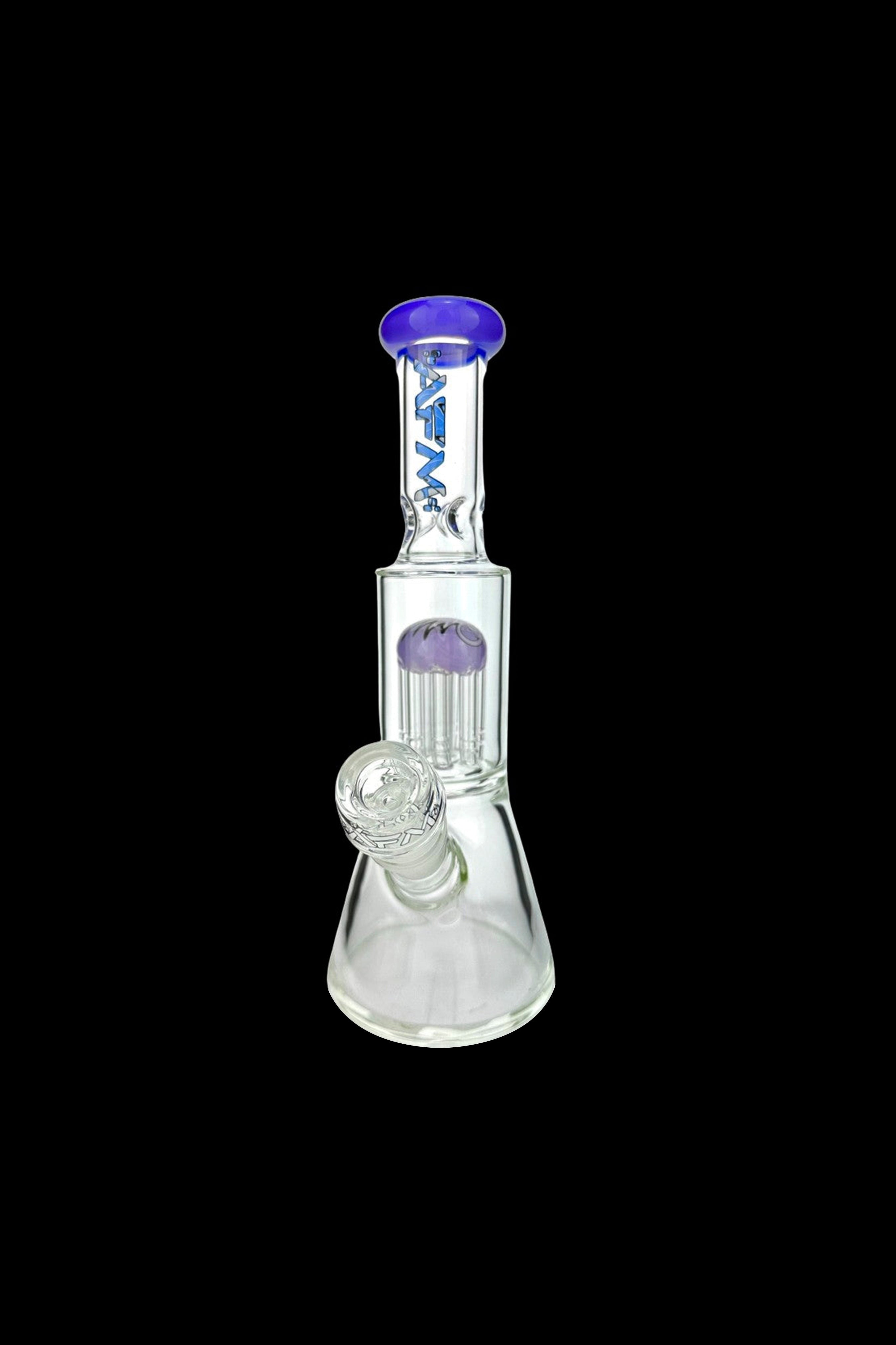 Glass bong with blue accents and multiple diffusion chambers.