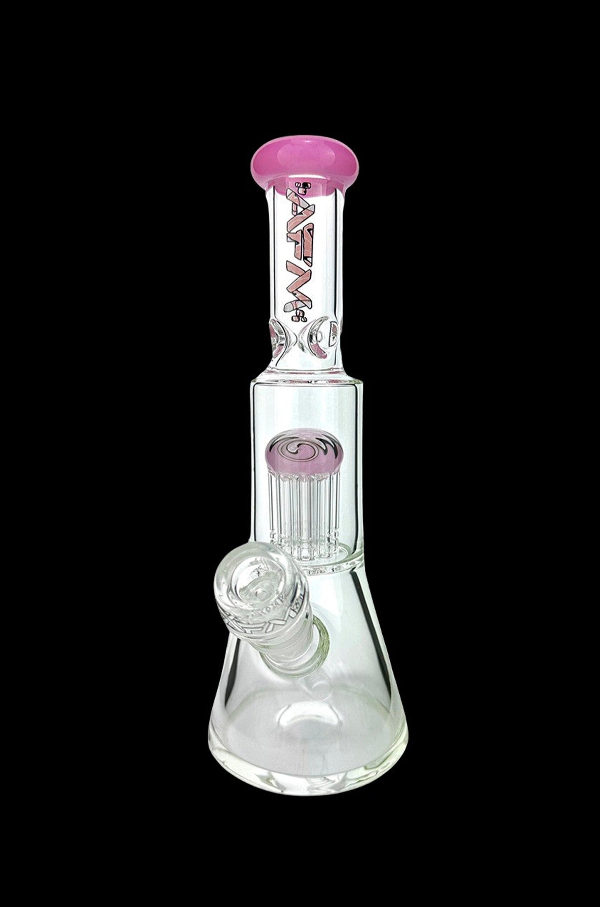 Glass water pipe with pink accents and intricate percolator.