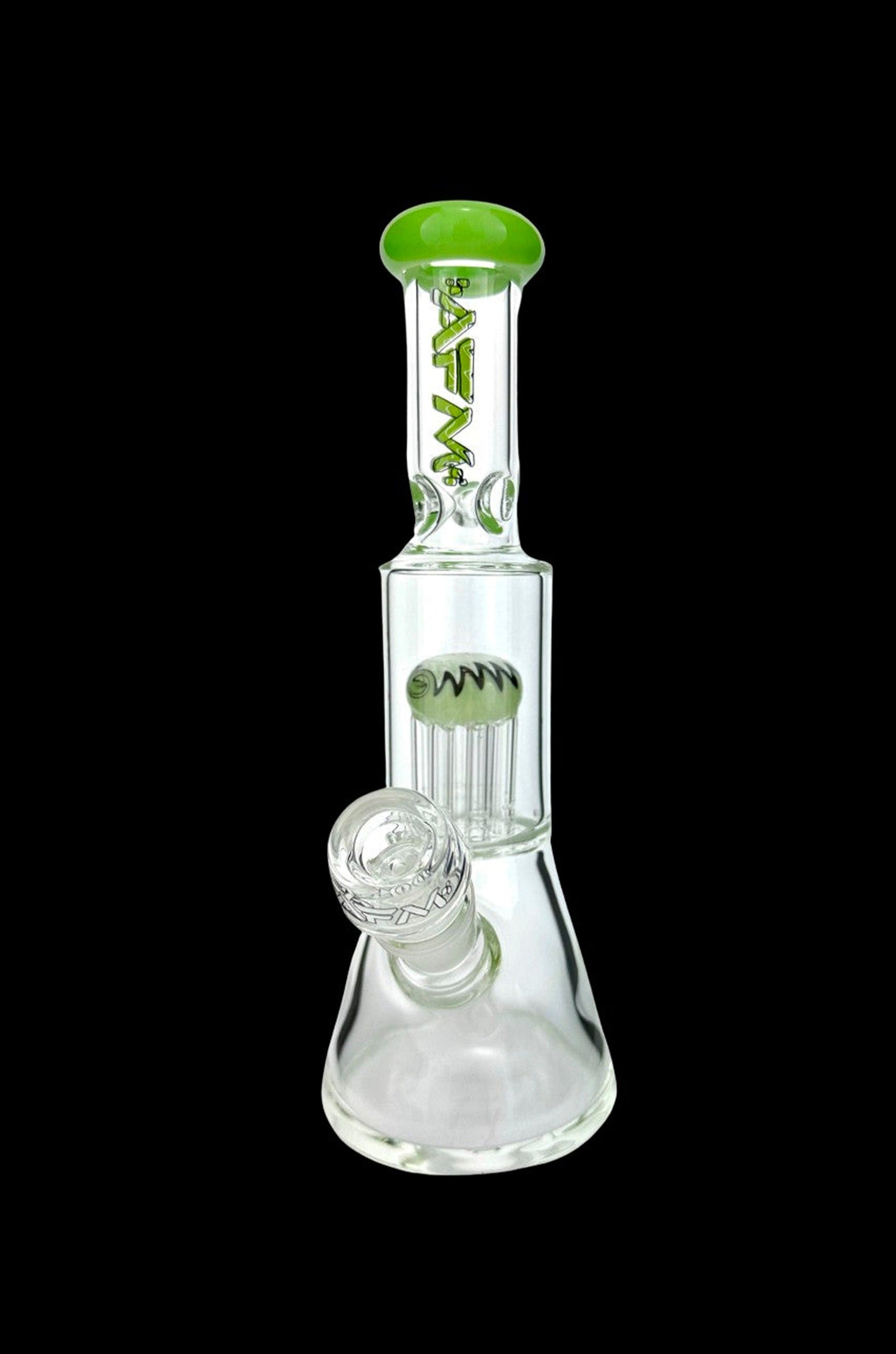 Glass water pipe (bong) with green accents and a clear glass bowl.