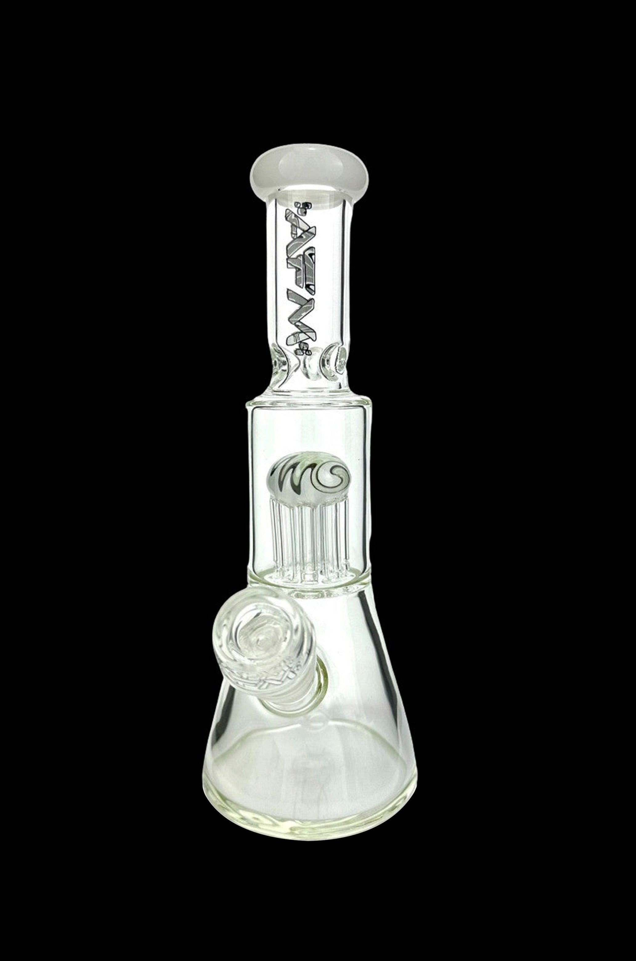 Clear glass water pipe (bong) with percolator and decorative swirls.
