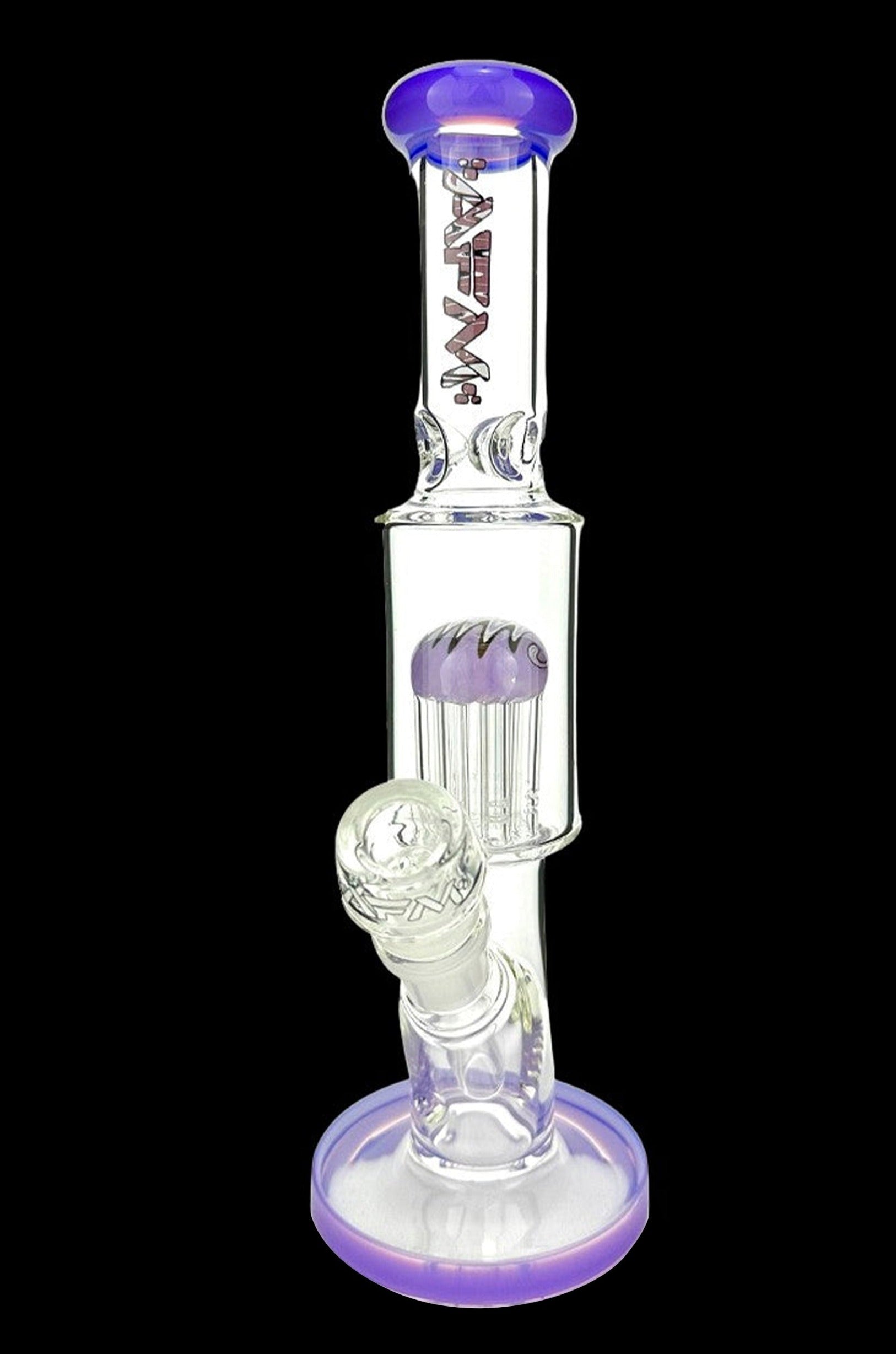 Purple and clear glass water pipe (bong) with multiple diffusion slits.