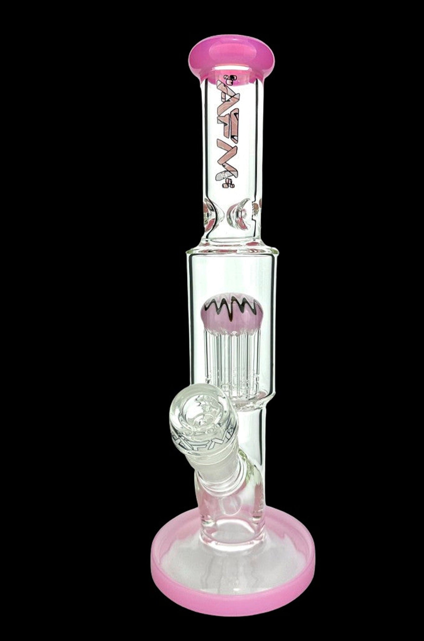 Pink glass water pipe with intricate percolator.