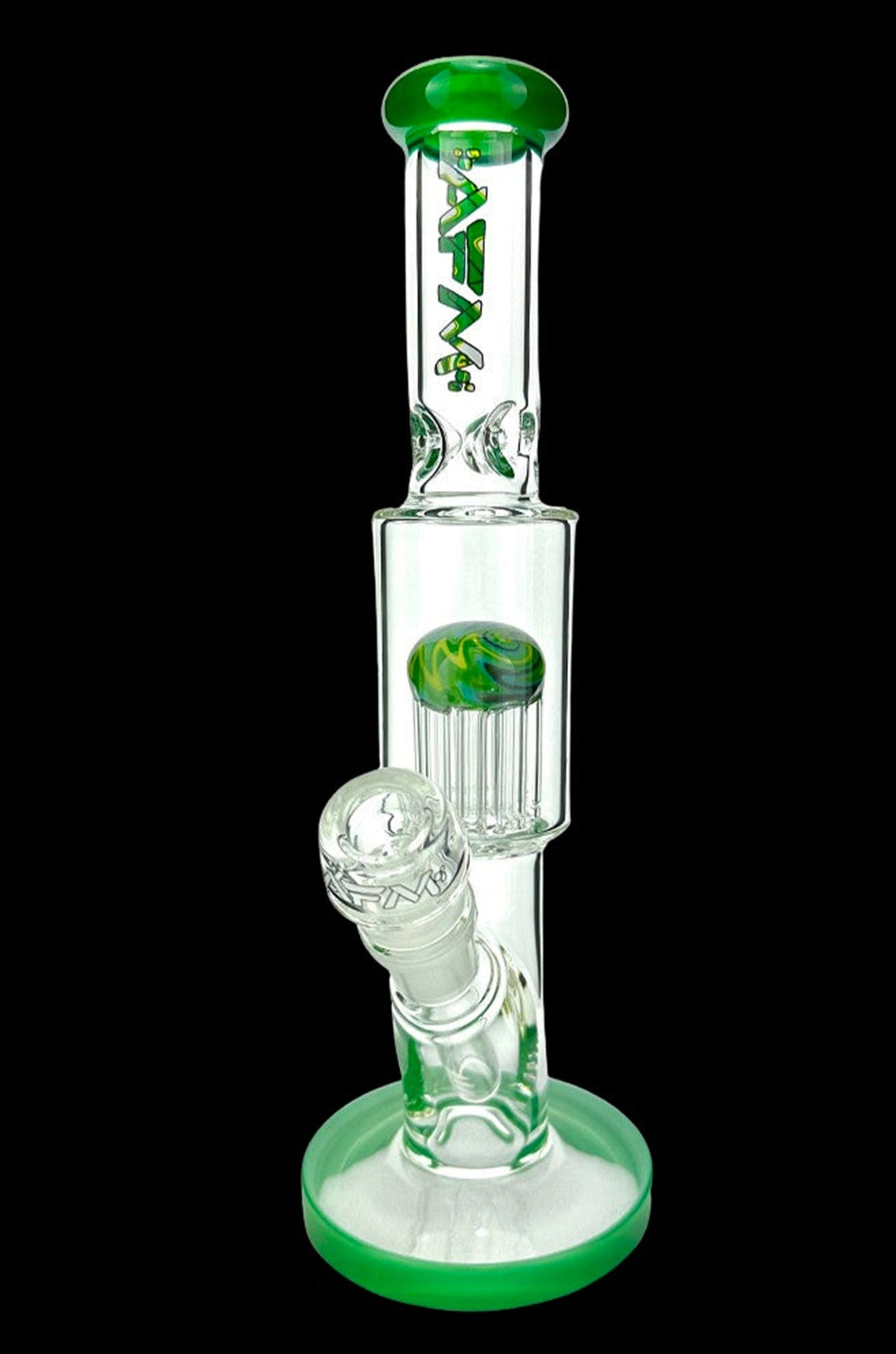 Green glass water pipe (bong) with multiple diffusion chambers.