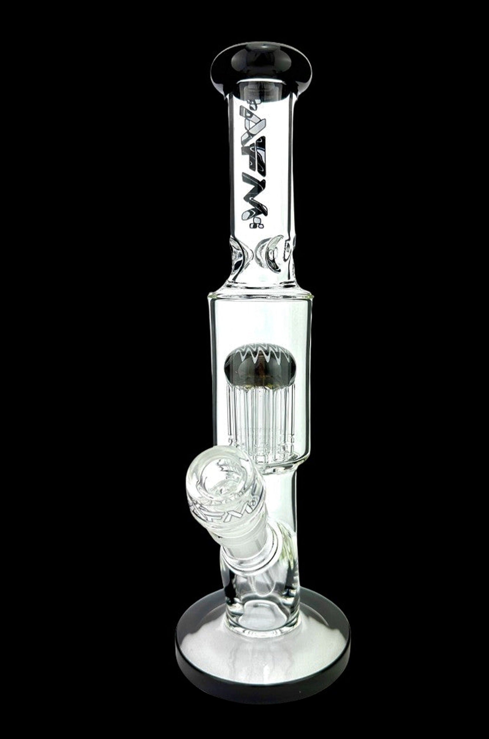Clear glass water pipe (bong) with percolator and black accents.