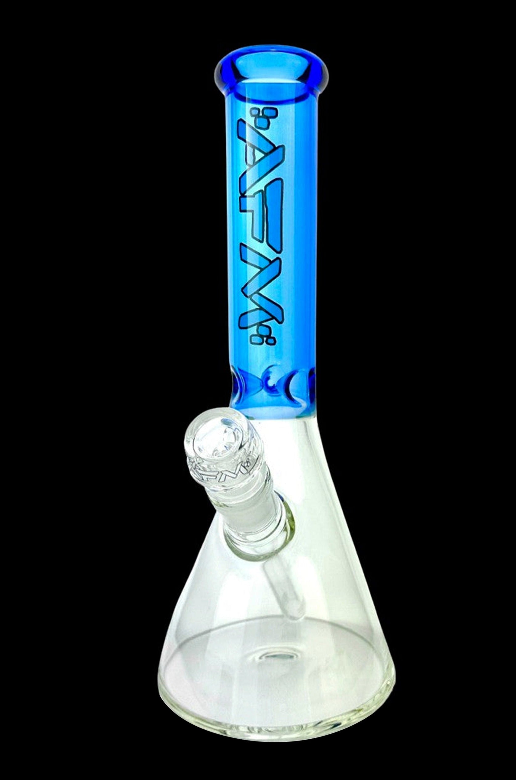 Blue glass bong with intricate percolator.