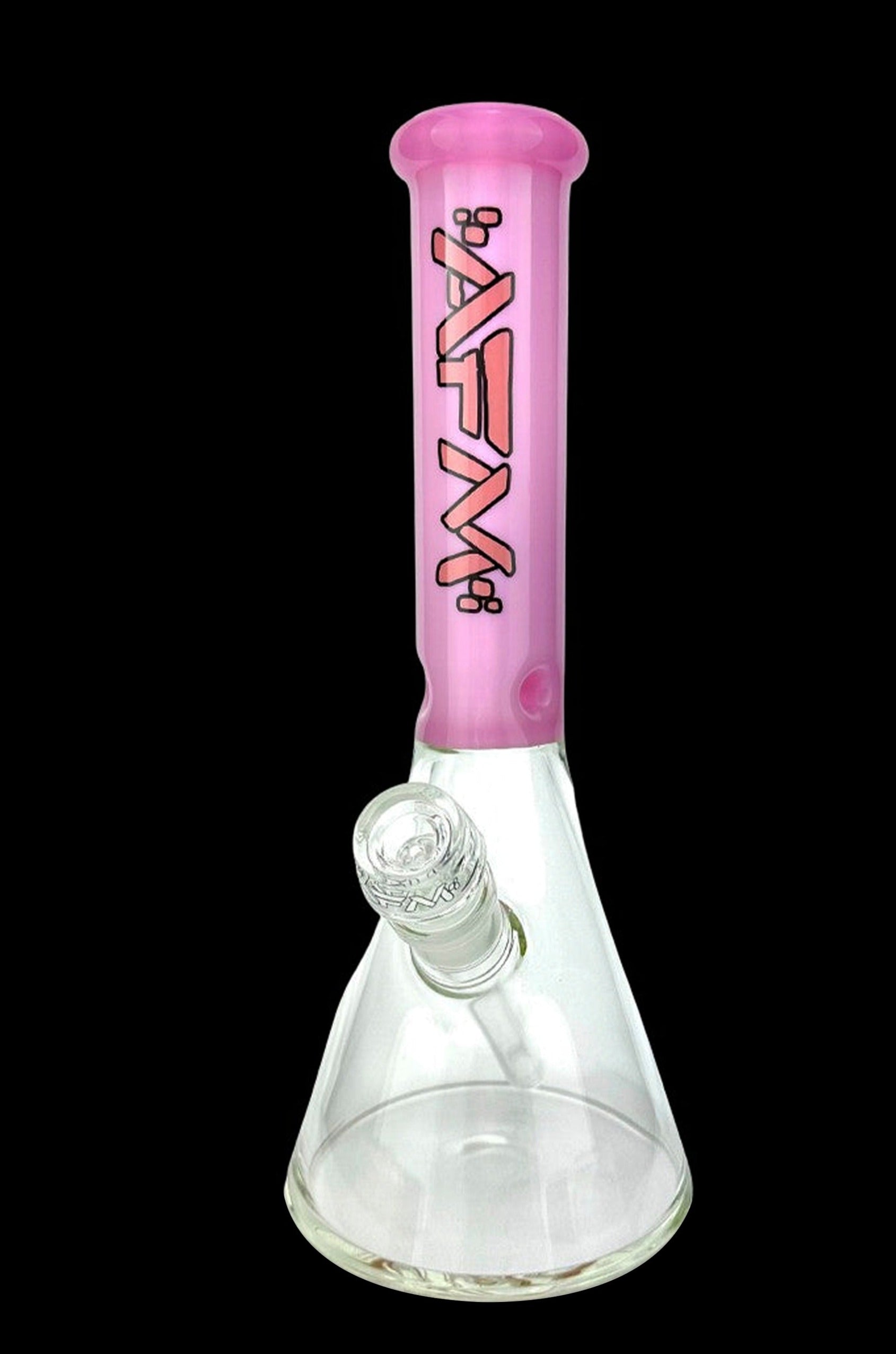 Pink glass bong with a flared base and ice catch.