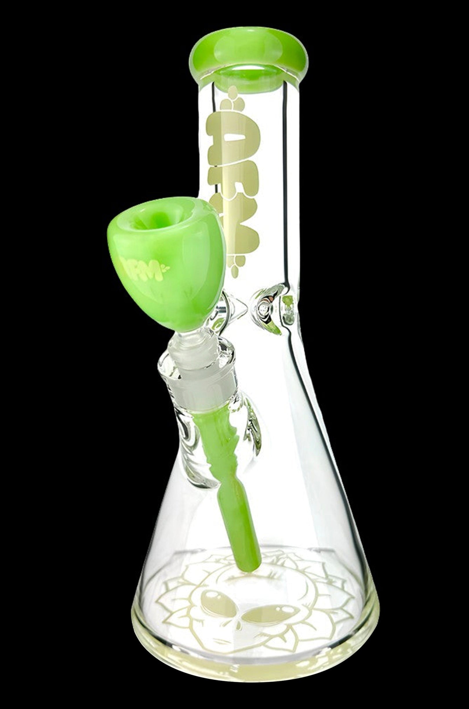 Green glass bong with intricate base design.