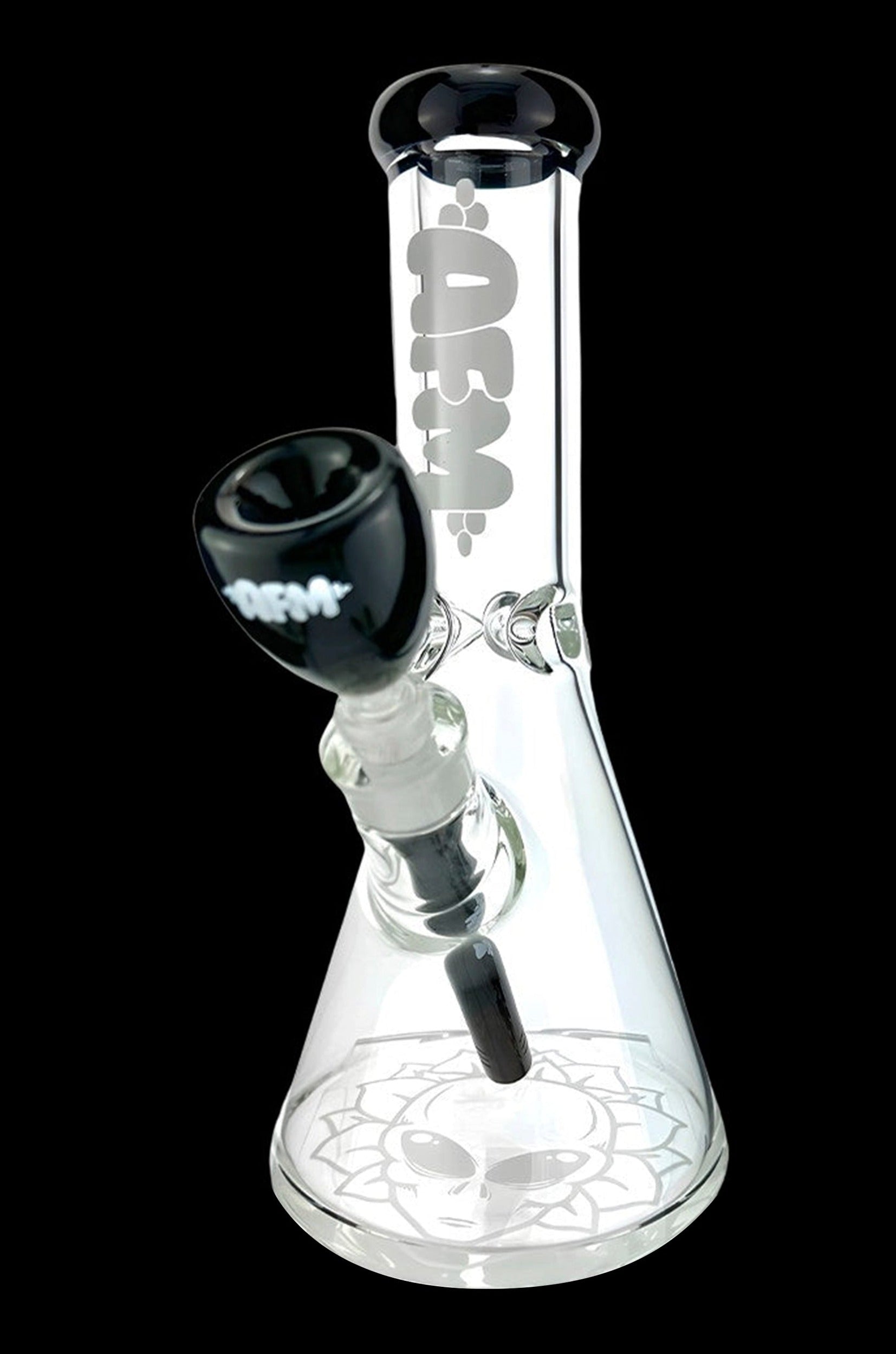 Clear glass bong with black accents and etched skull design.