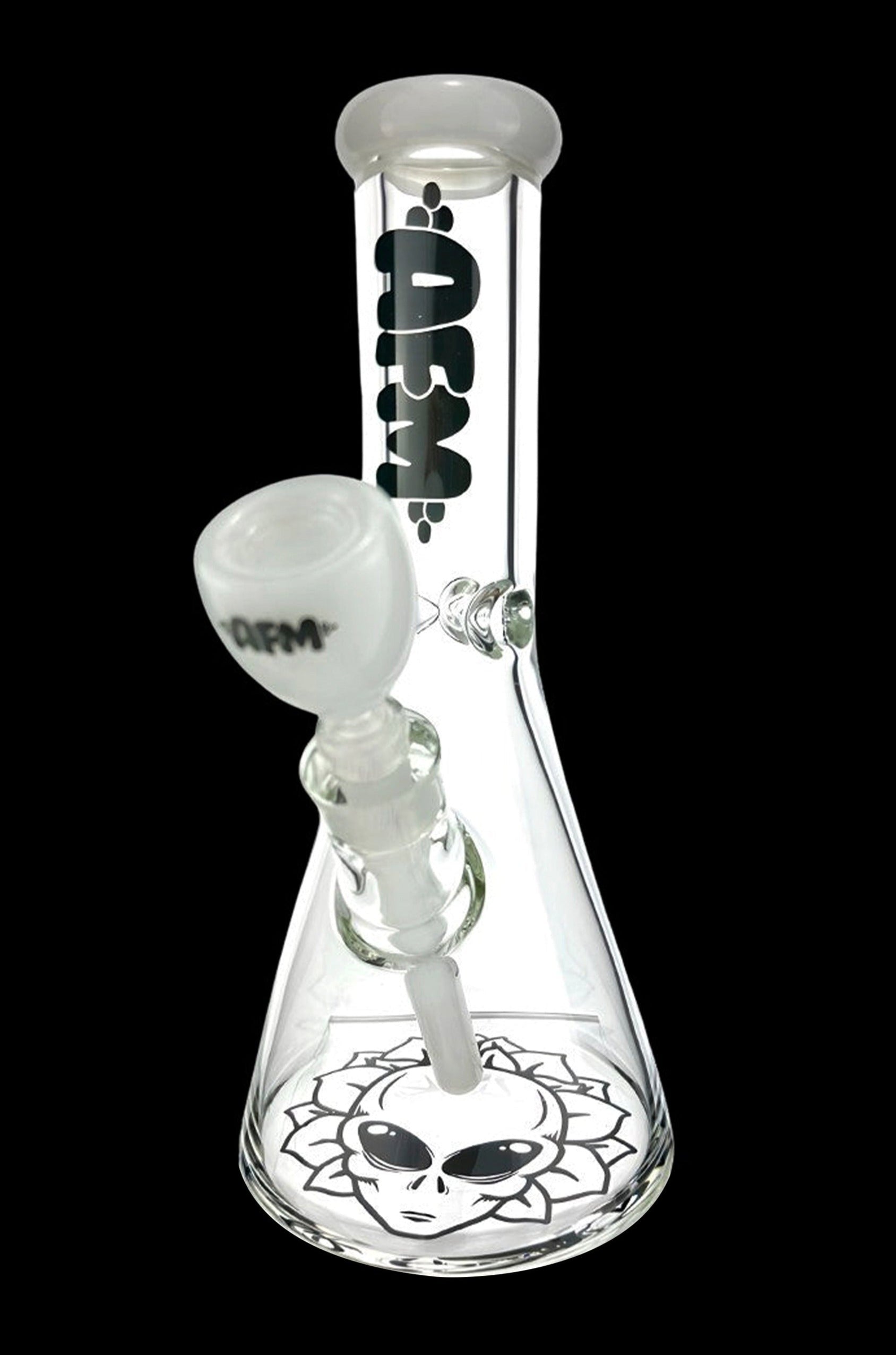 Clear glass bong with an alien-themed design and intricate percolator.