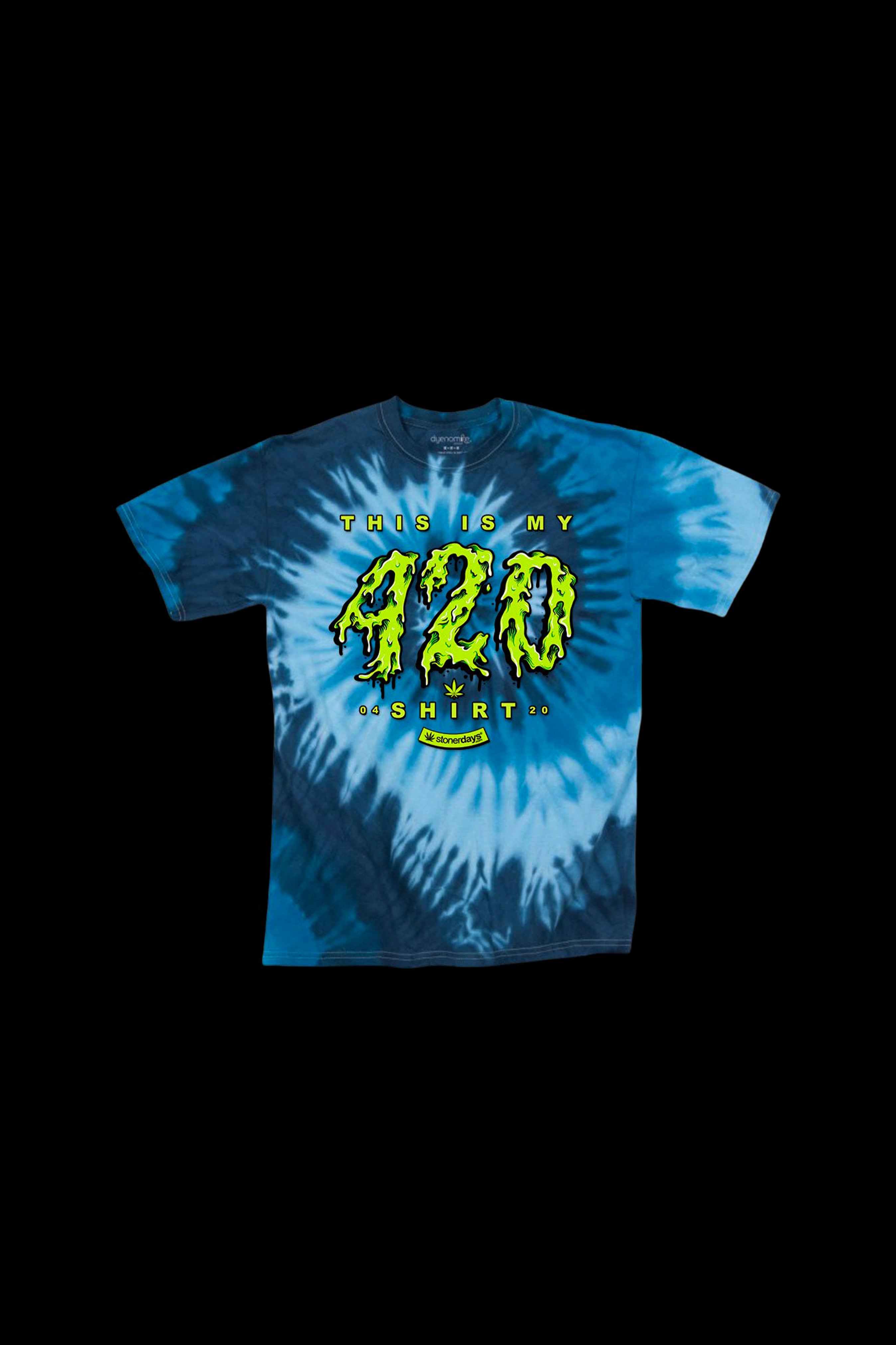 Tie-dye t-shirt with dripping green “420” graphic and cannabis leaf logo.
