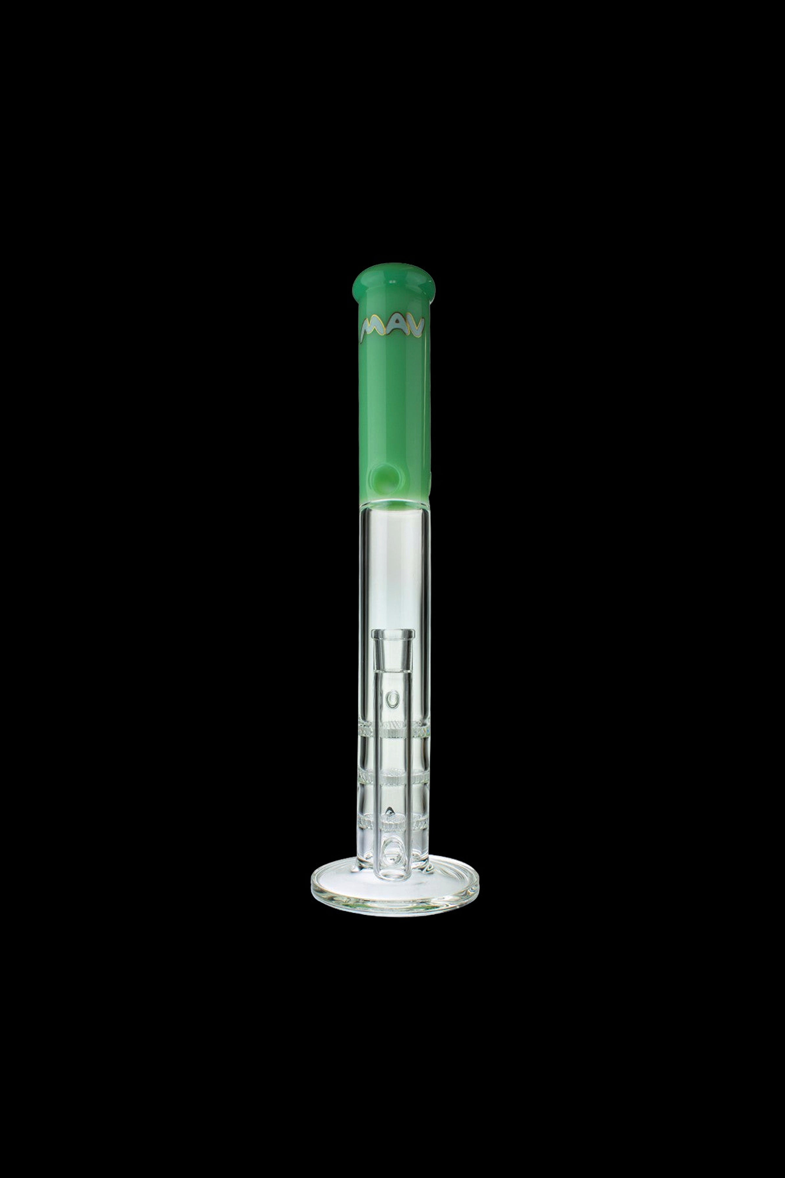 Green glass bong with ice catch and percolator.