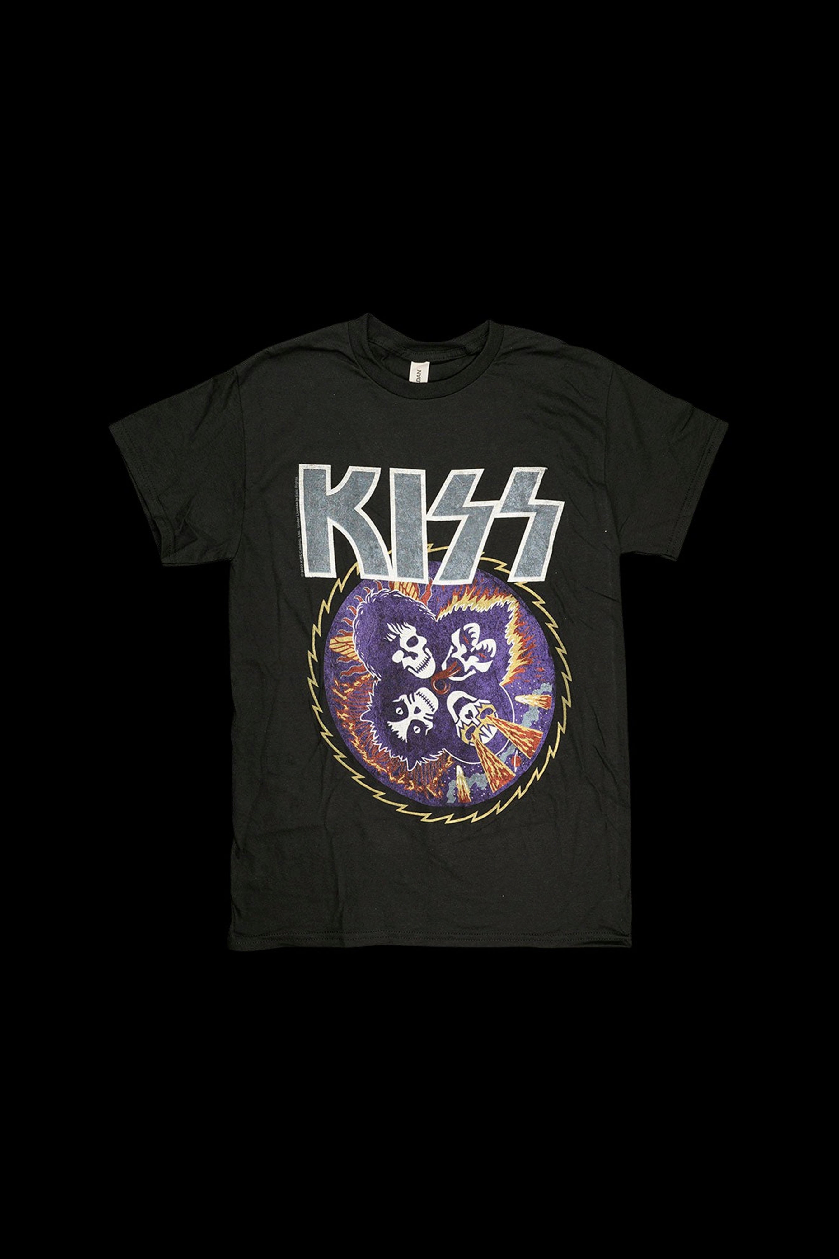 Black t-shirt with a colorful graphic print of the band KISS surrounded by a psychedelic, swirling design, likely related to cannabis culture.