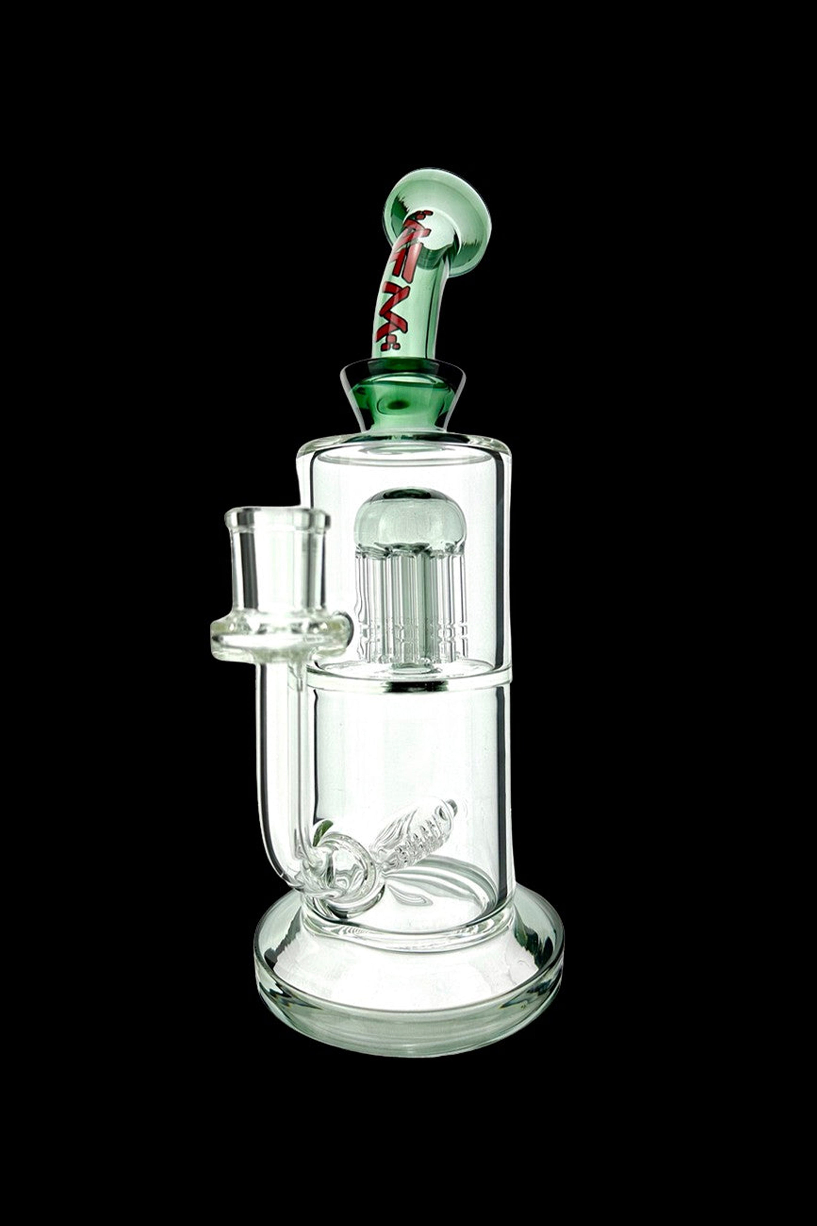Green glass water pipe (bong) with percolator and mouthpiece.