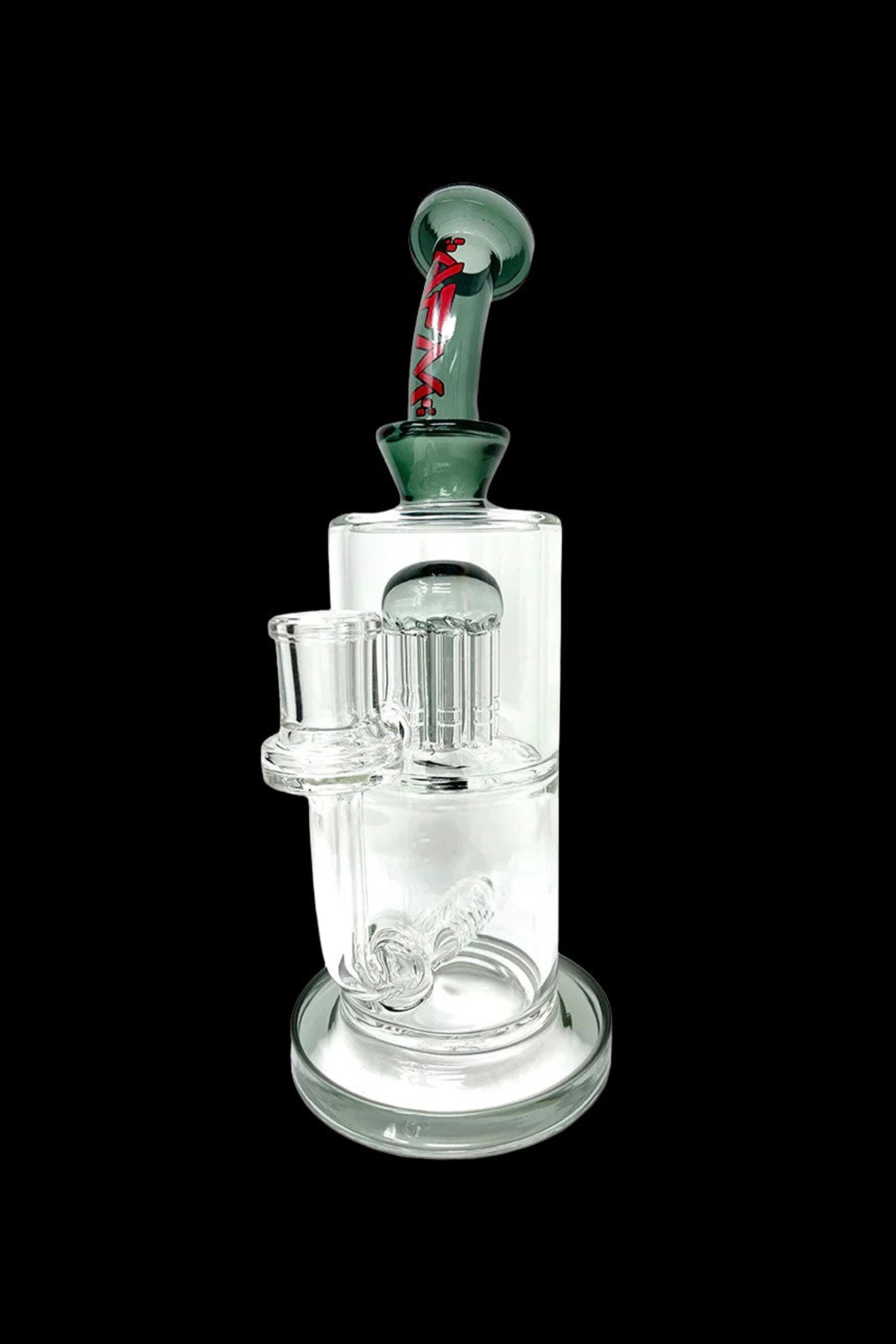 Glass water pipe (bong) with intricate percolators and a green mouthpiece.