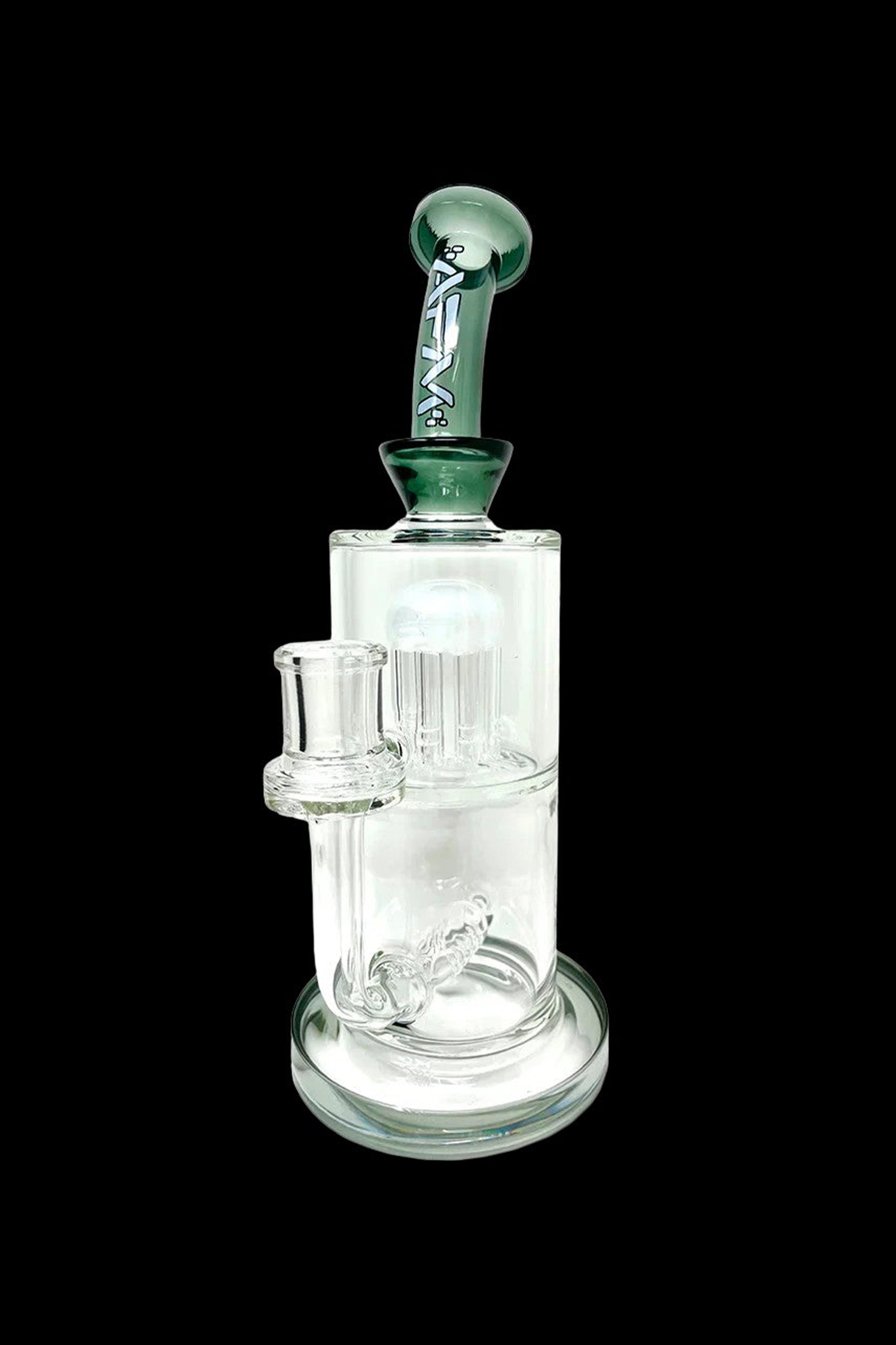 A clear glass water pipe (bong) with a green mouthpiece and percolator filtration system.