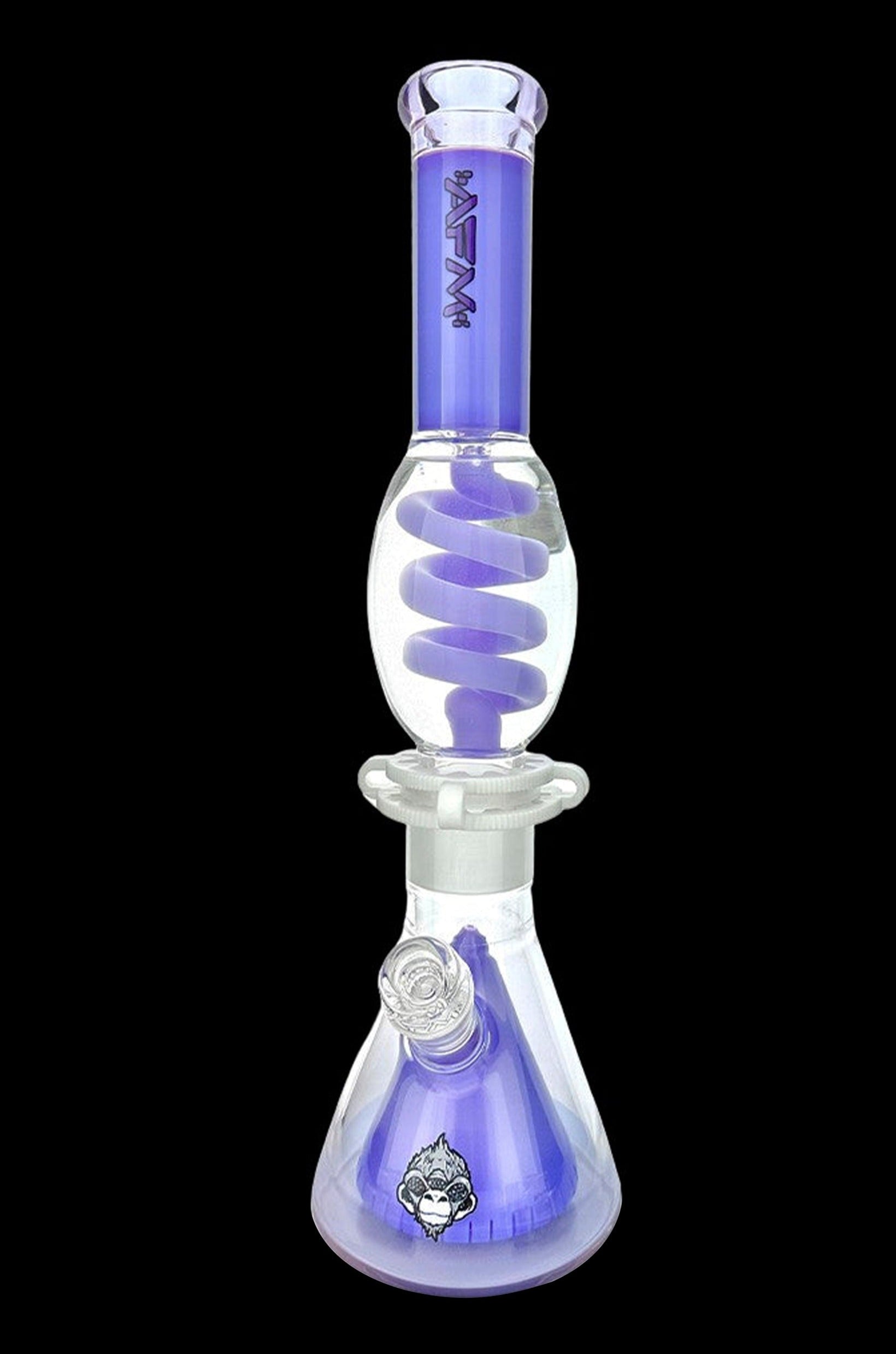 Blue glass water pipe (bong) with bubble percs and a monkey-themed decal.