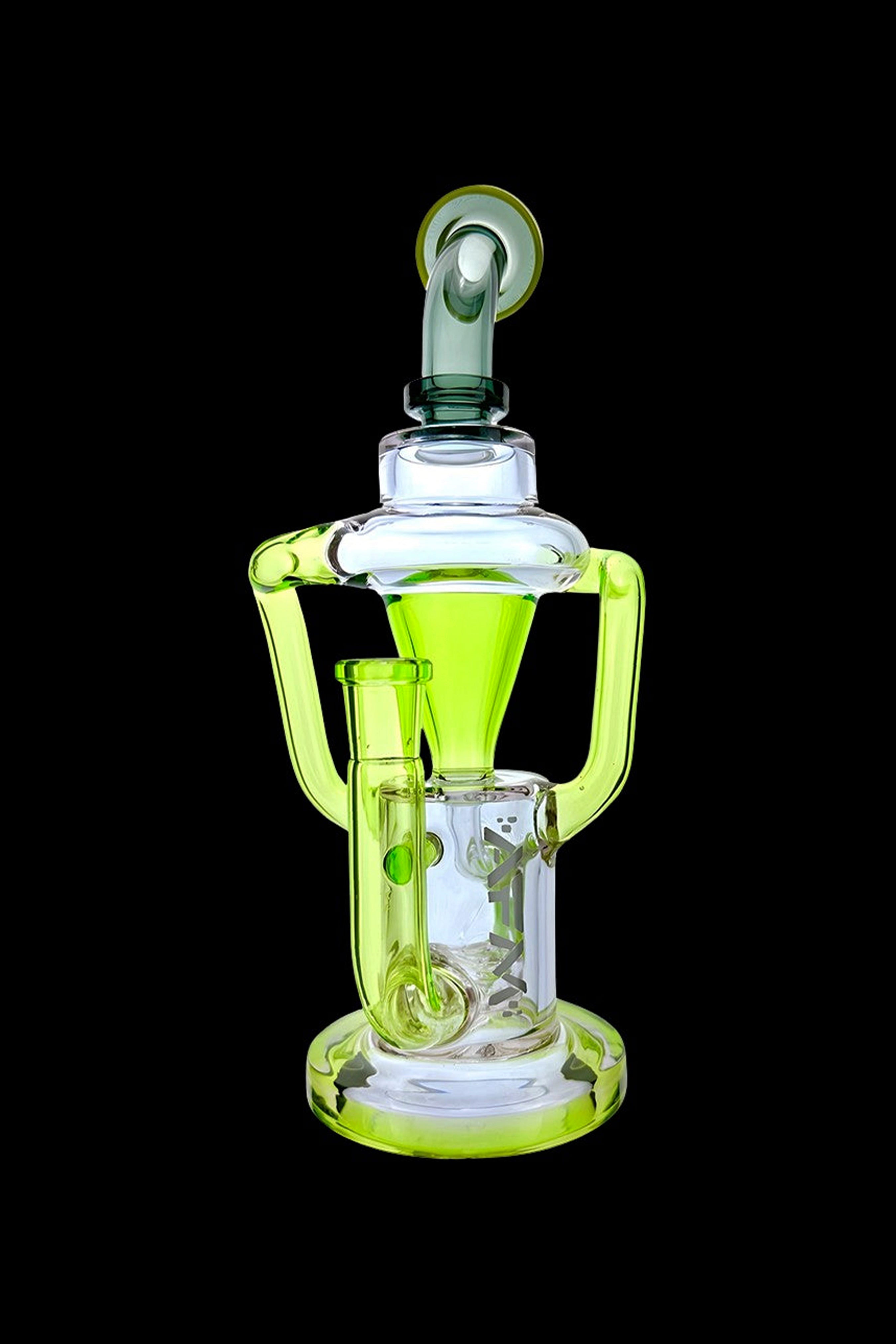A vibrant green glass dab rig with intricate curves and a percolator, isolated on a black background.