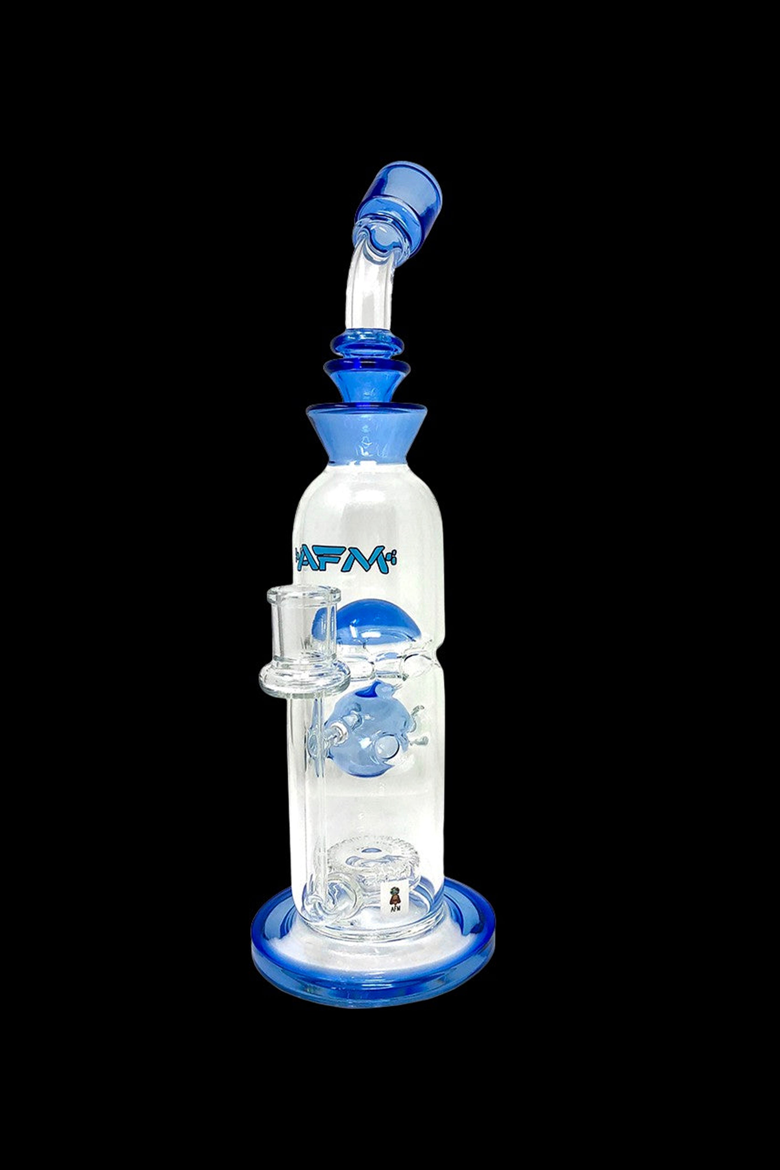 Blue and white glass water pipe (rig) with percolators, isolated on a black background.