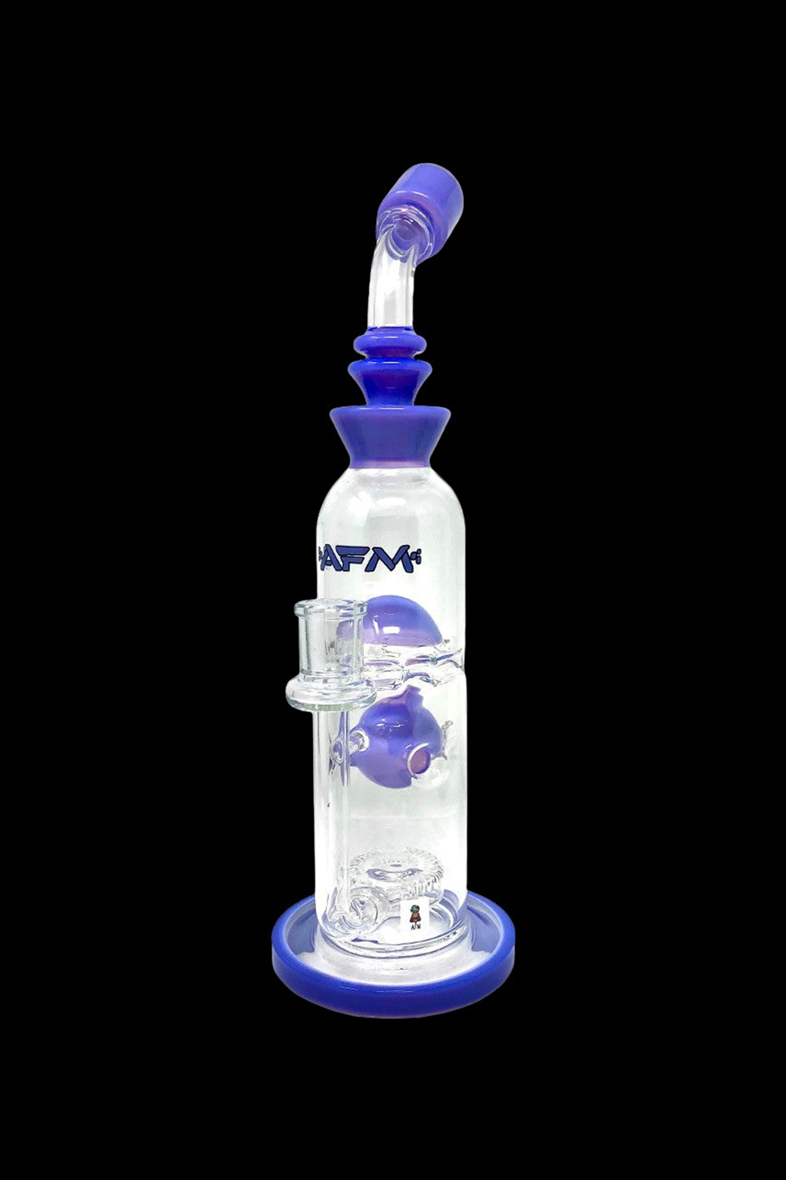 Blue glass water pipe (bong) with bubbling percolator.