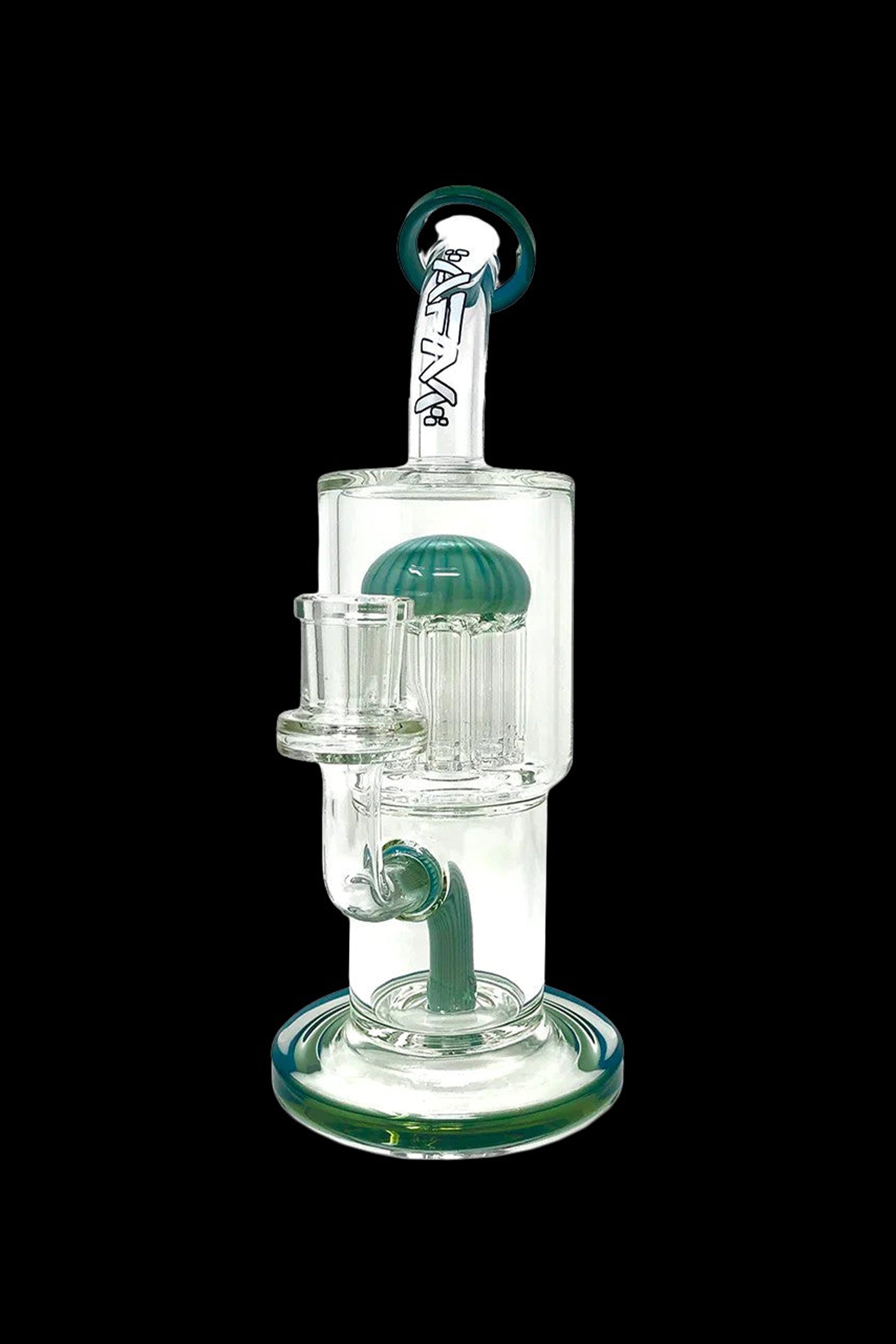 Clear glass water pipe (rig) with green accents and a percolator chamber.