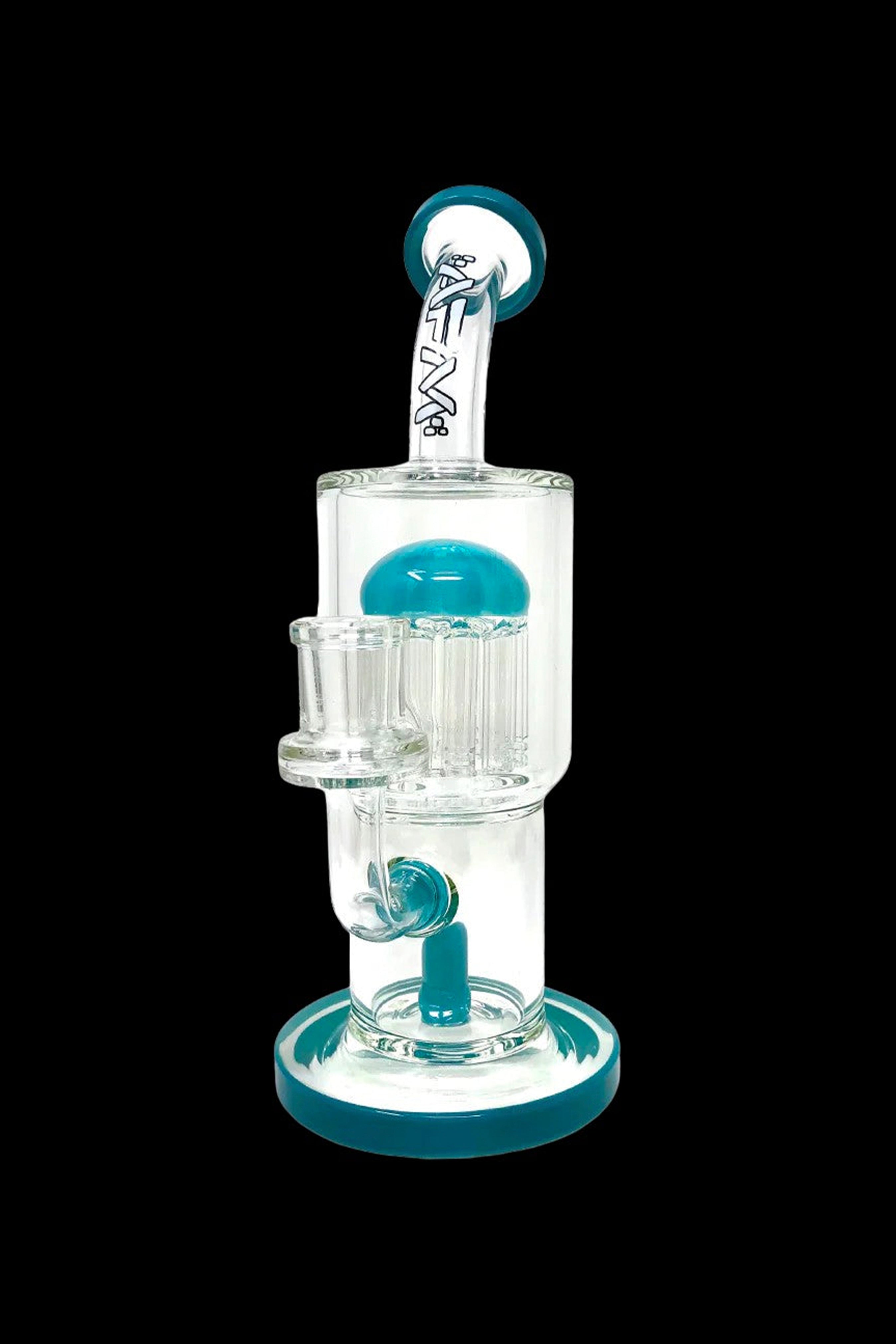 Blue glass water pipe (bong) with intricate percolator design.