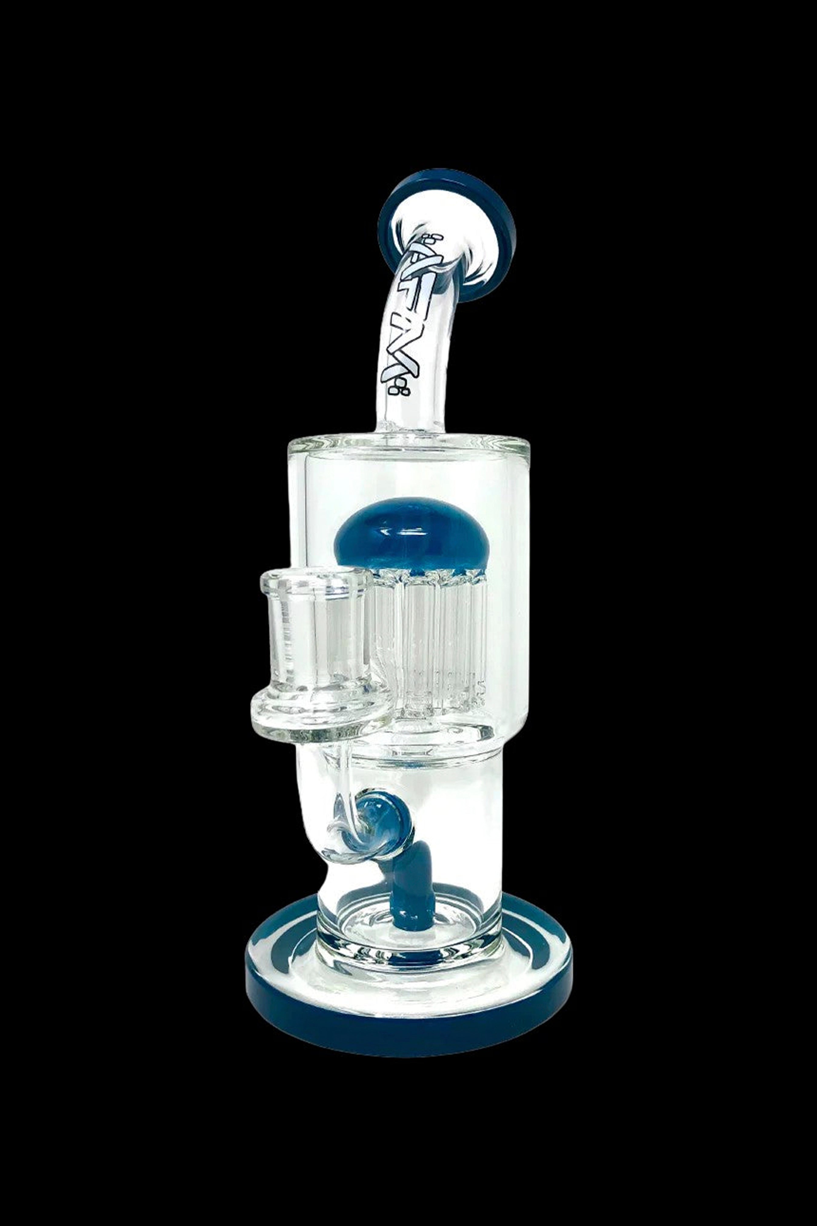 Glass water pipe (bong) with blue accents and percolator.