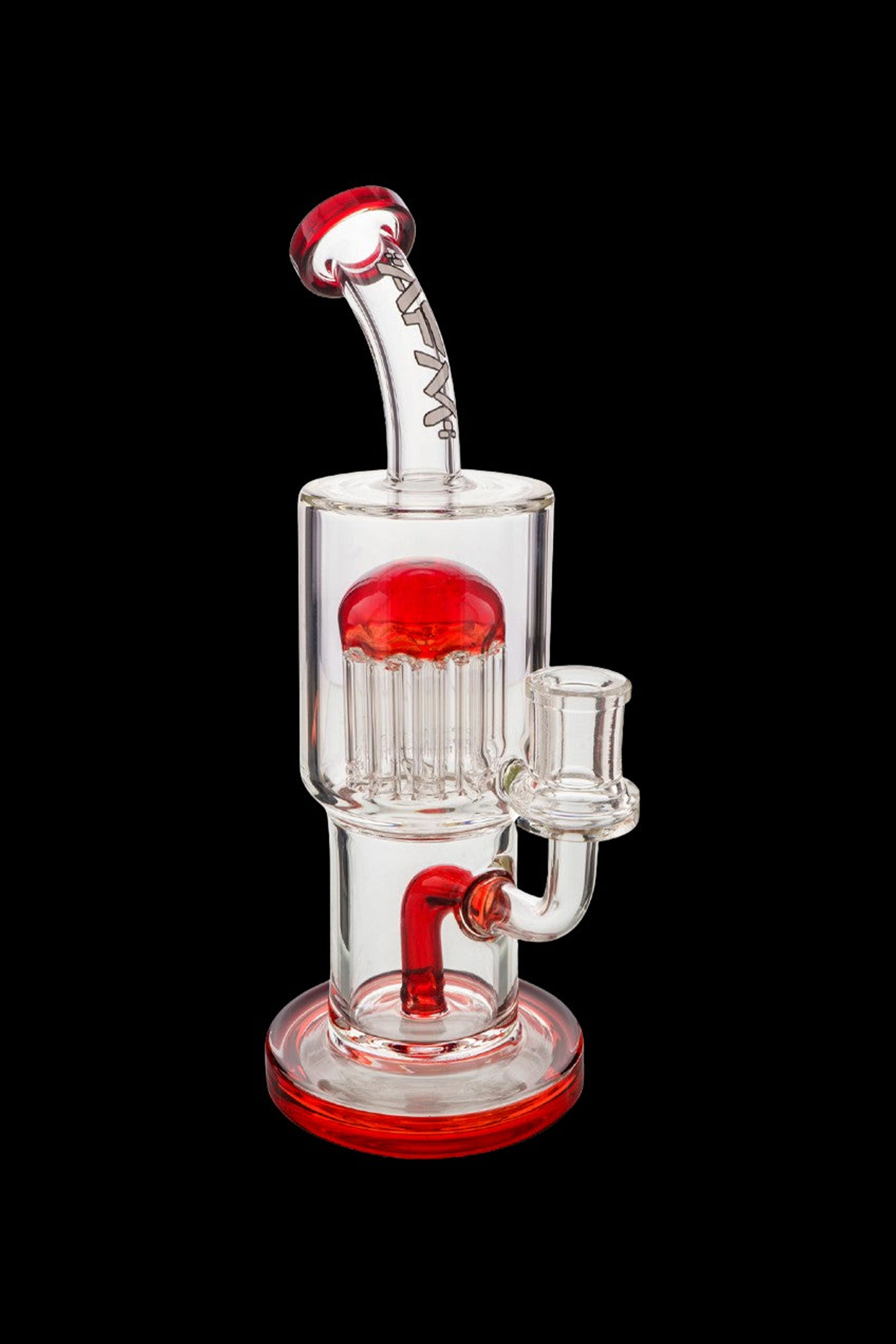 Red and clear glass water pipe (bong) with multiple diffusion chambers.