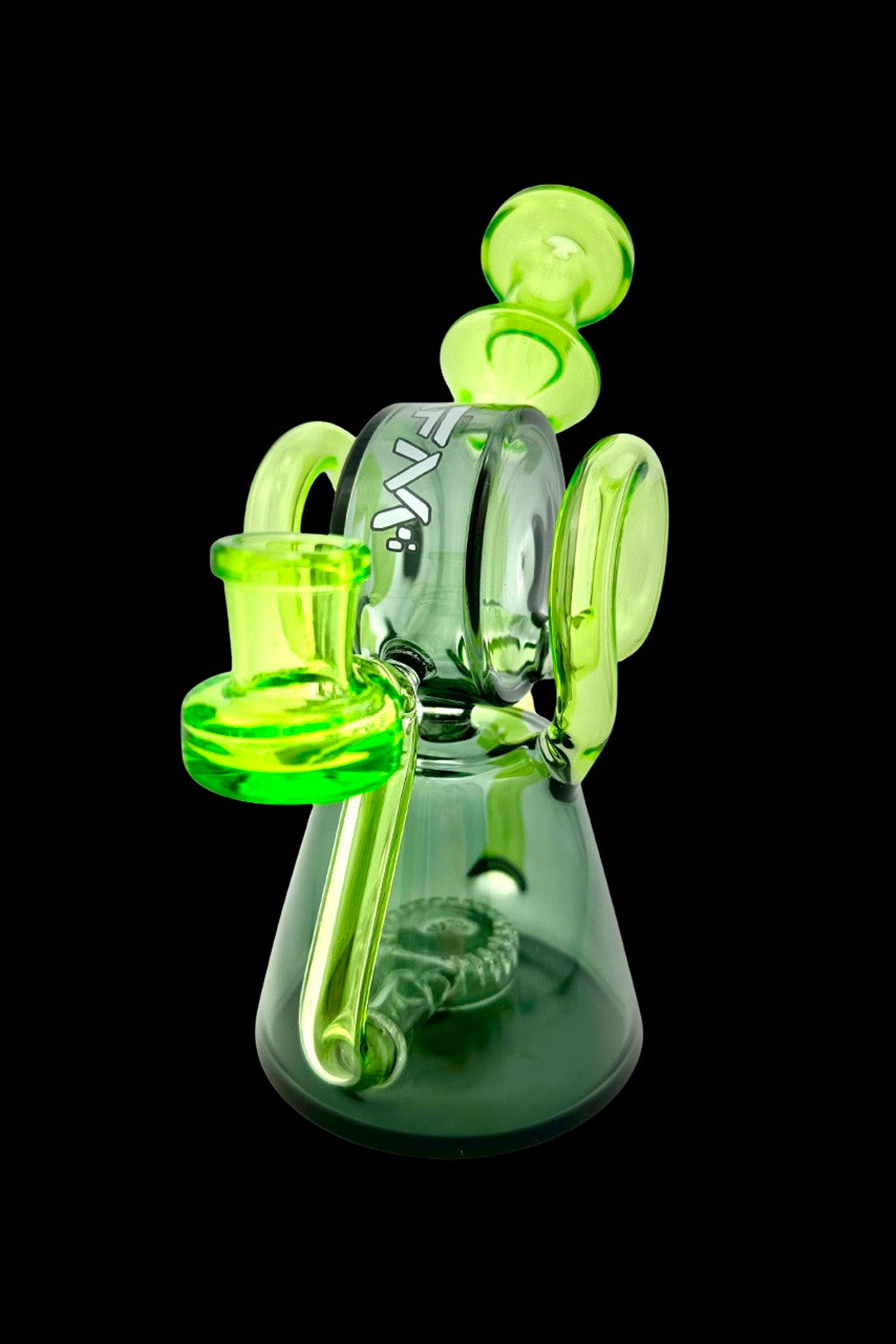 Green glass water pipe (rig) with intricate looping design.