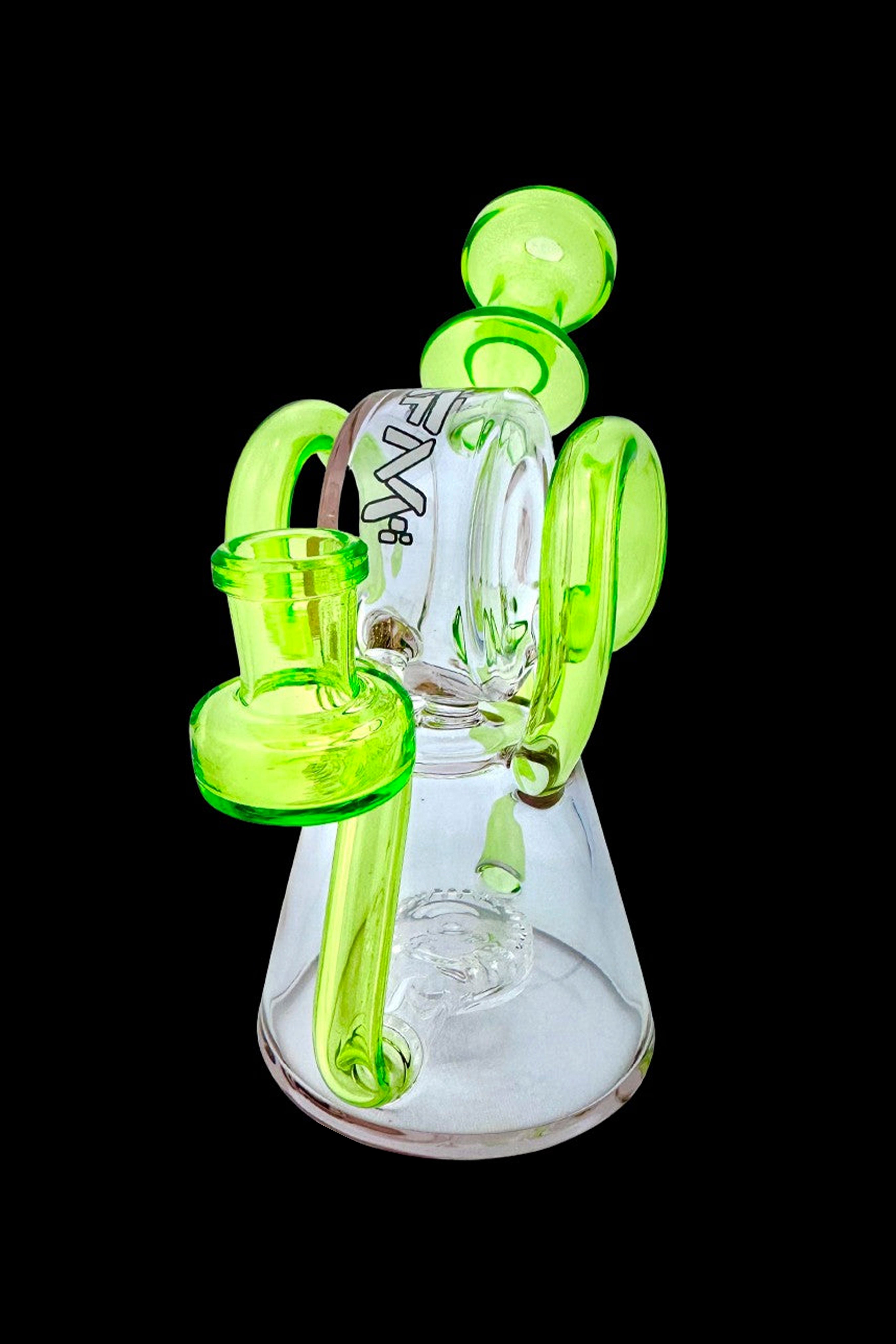 Green glass water pipe with intricate looped design.