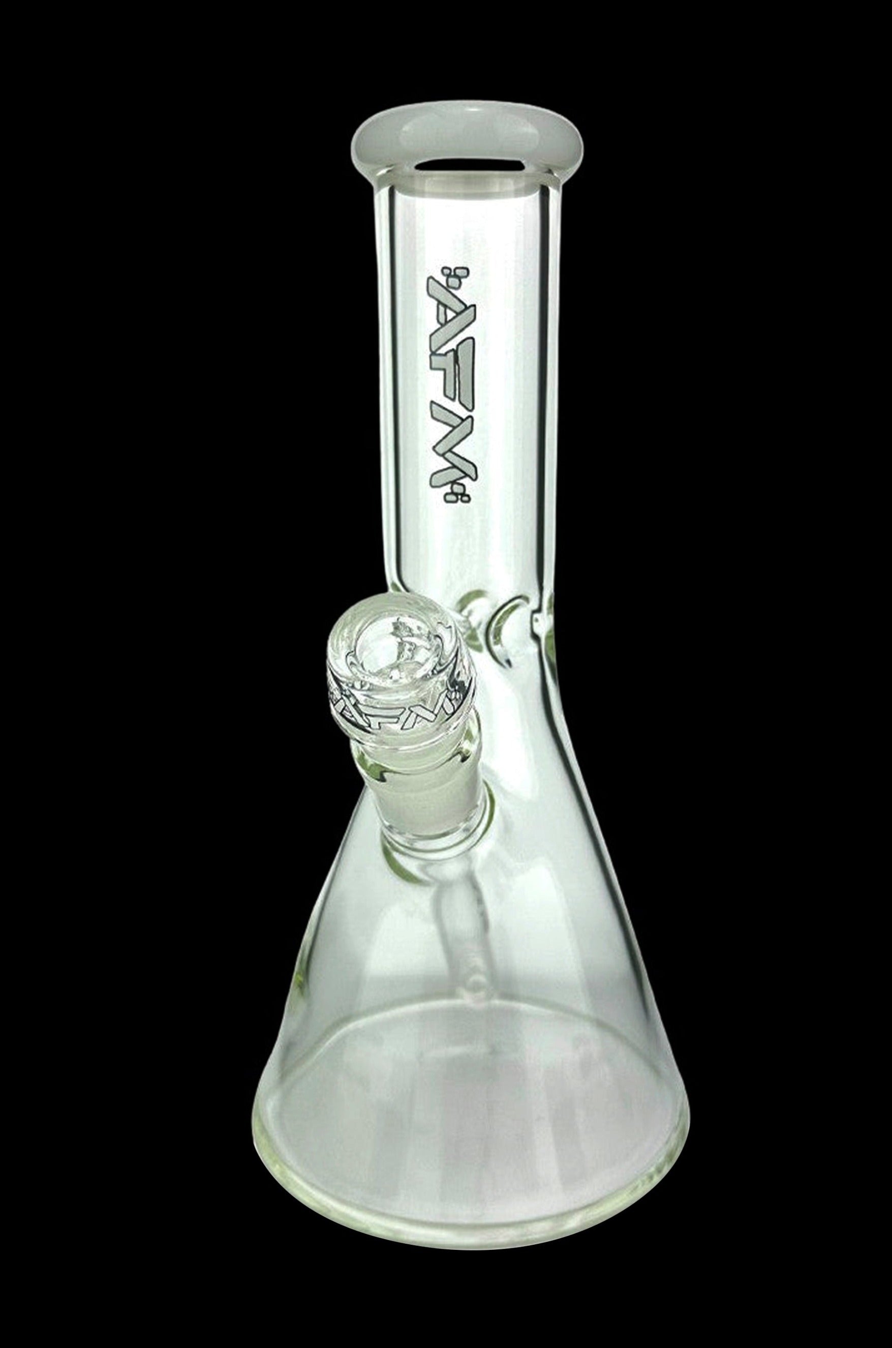 Clear glass bong with ice catcher and branded logo.