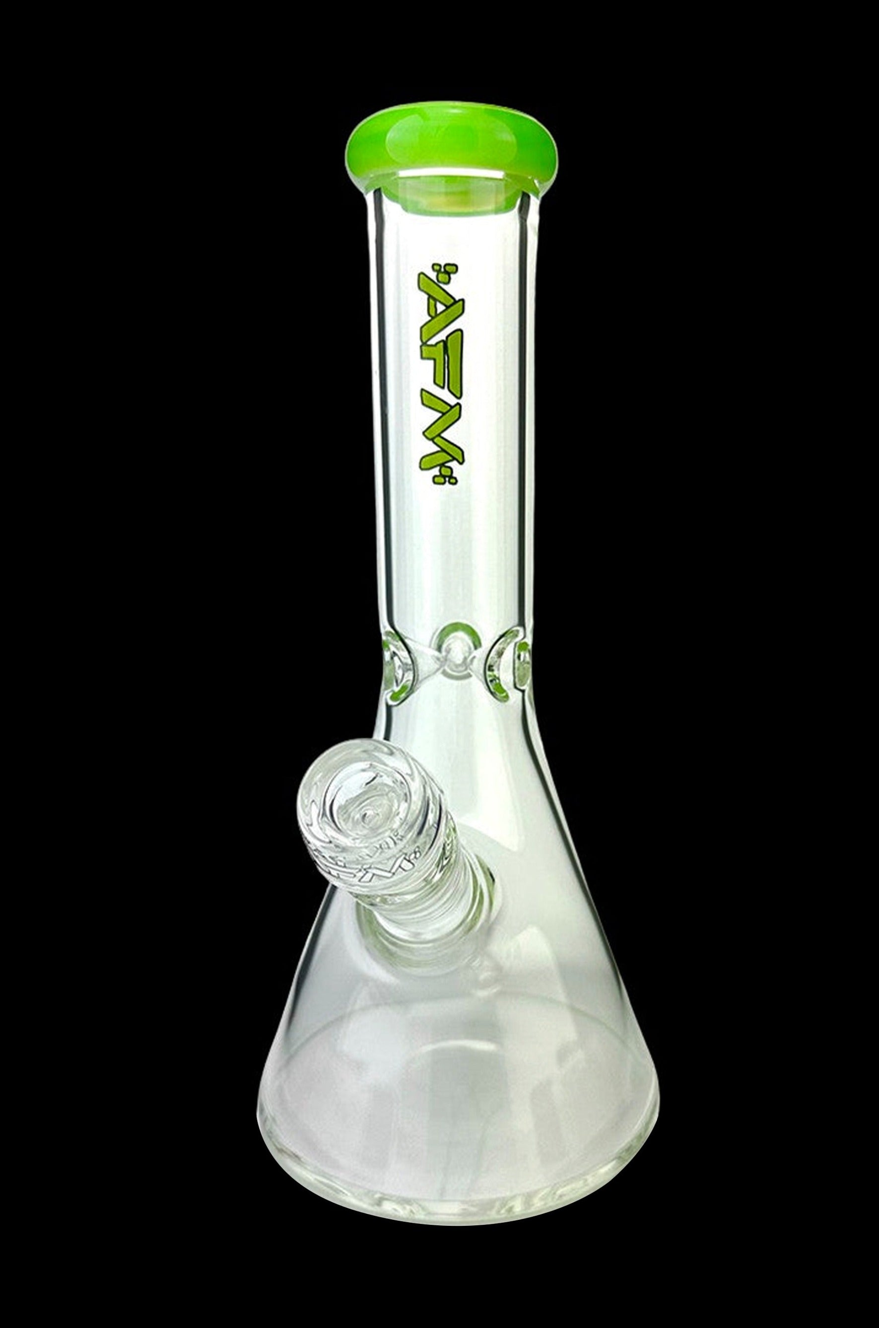 Clear glass bong with green accents and a flared base.