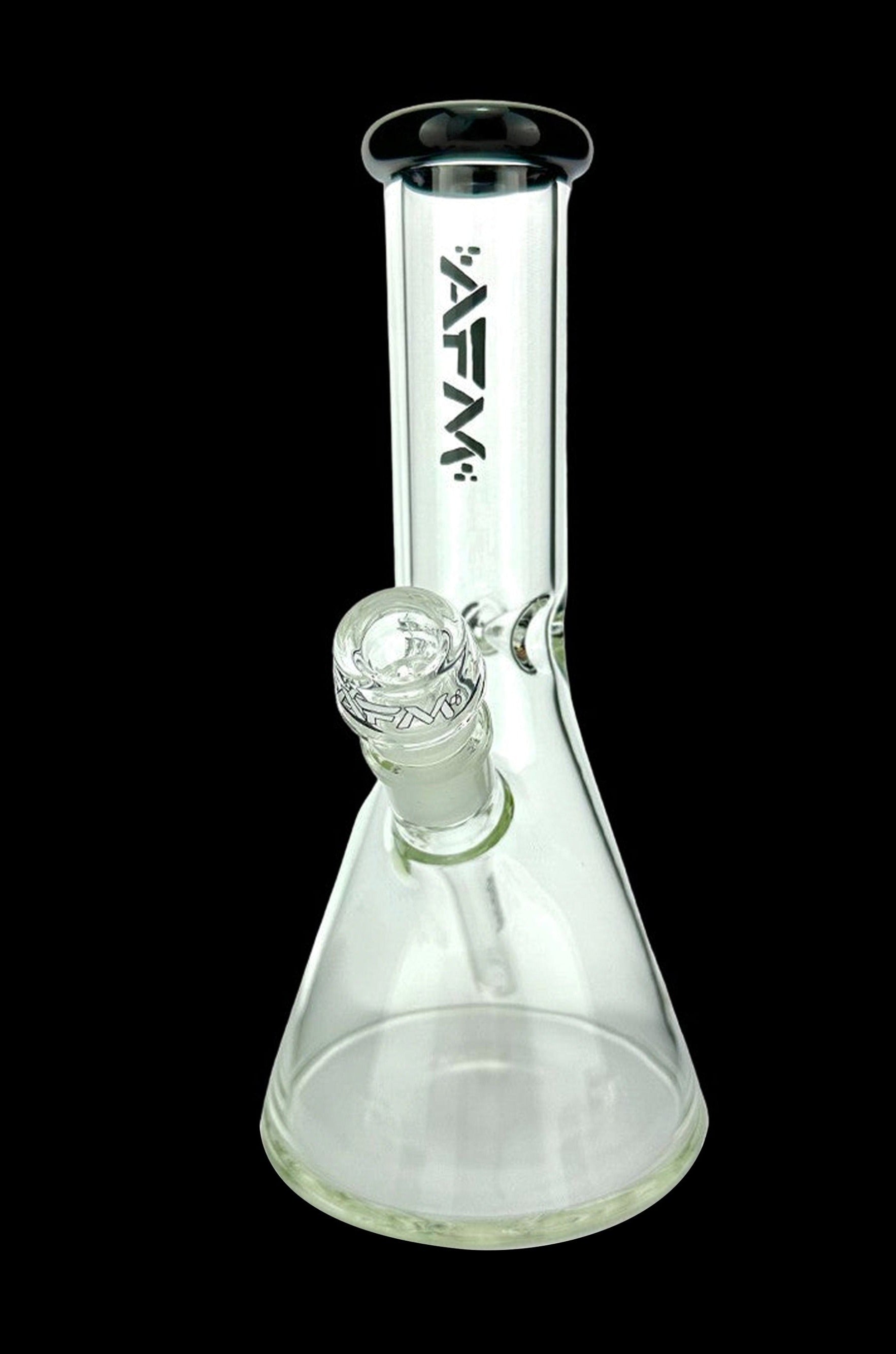 Clear glass bong with ice catch and AFM logo.