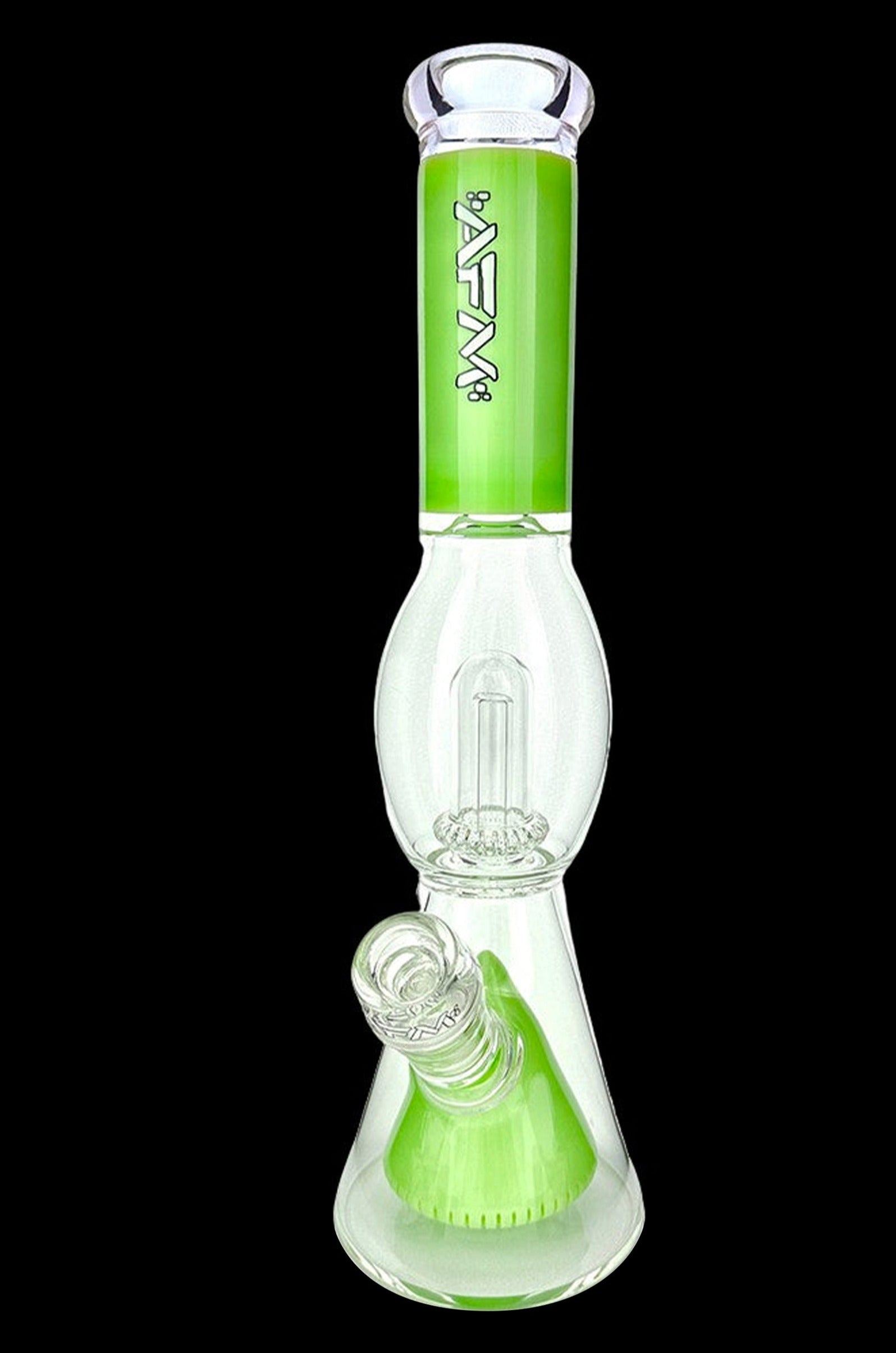 Green and clear glass water pipe (bong) with bubble-shaped chamber.