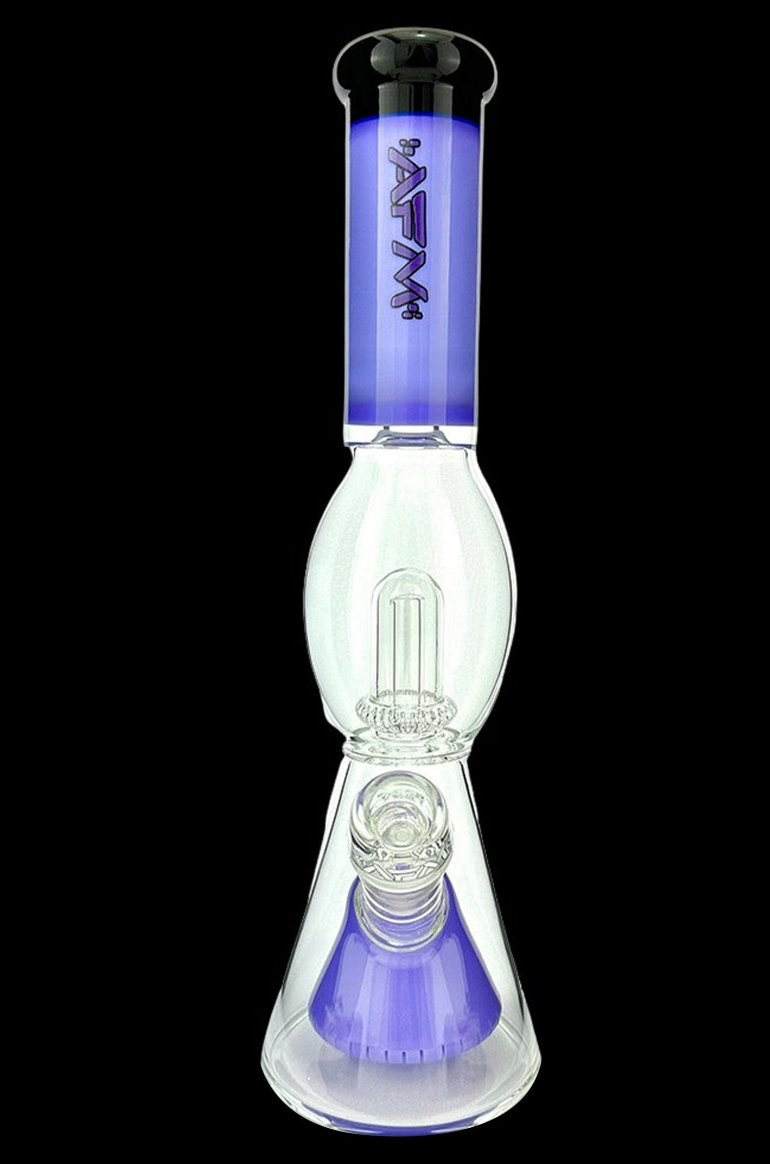 Blue and clear glass water pipe (bong) with a bubbler and brand logo.
