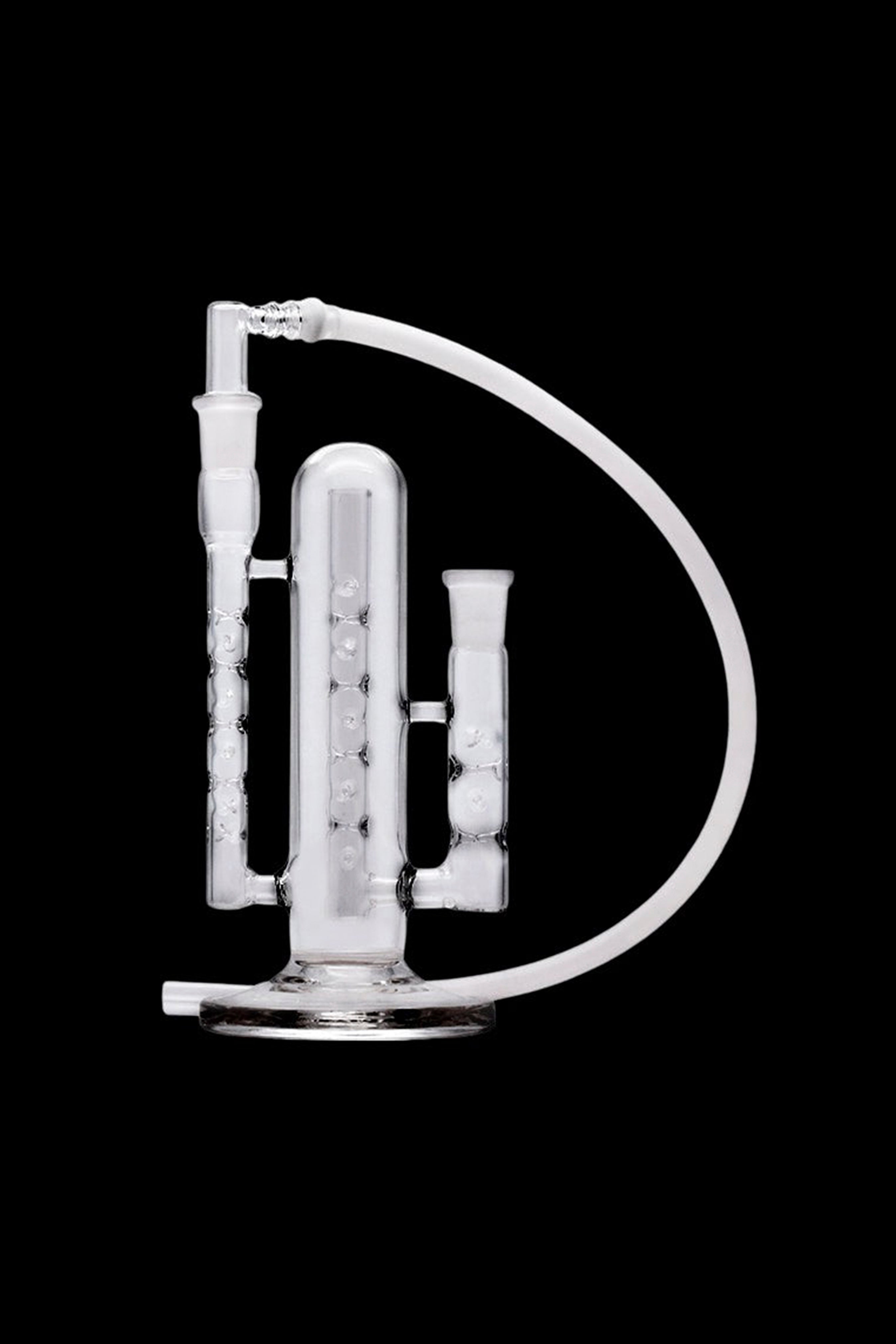 Clear glass bubbler water pipe with intricate percolator design, isolated on black.