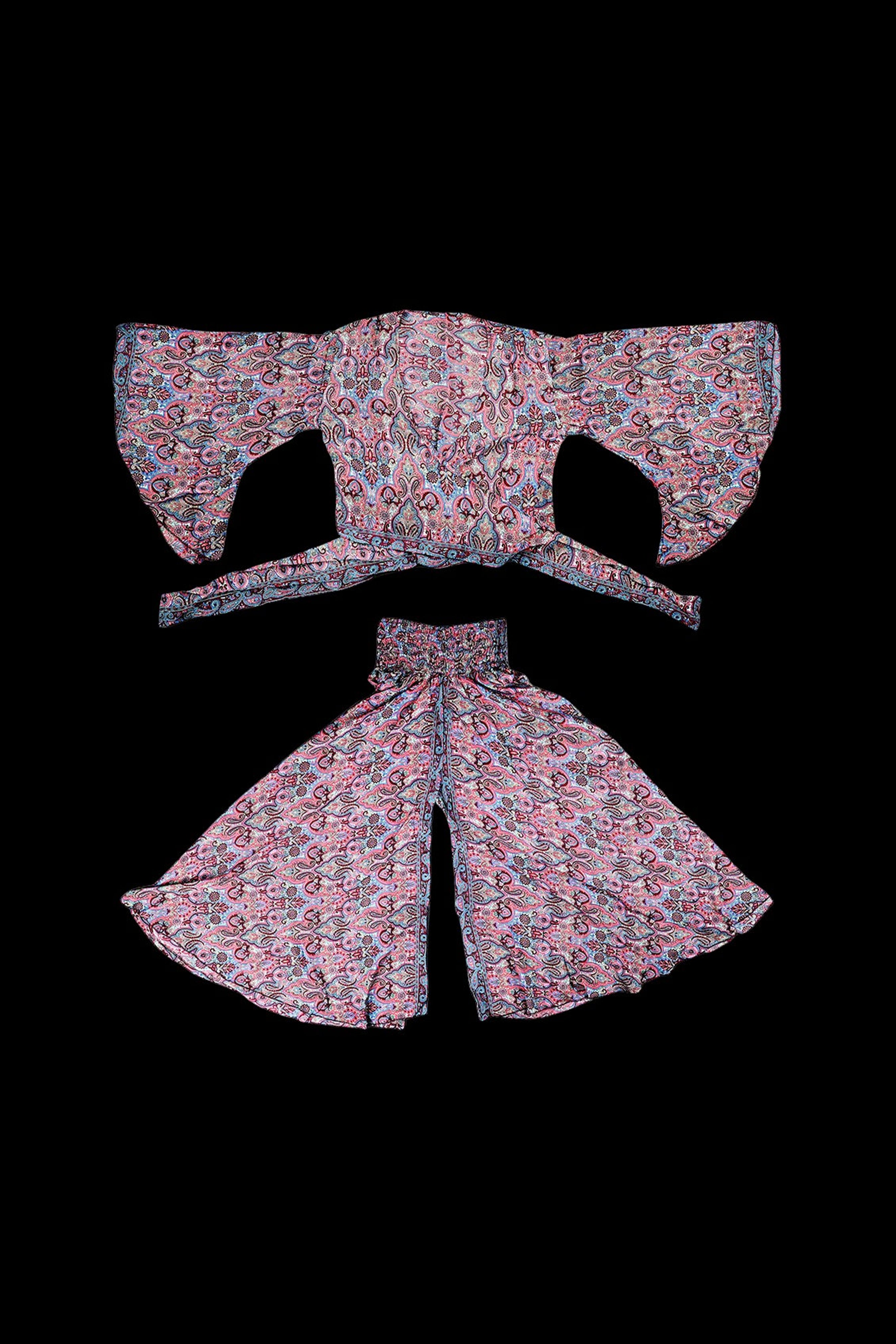 Floral patterned two-piece set – crop top and wide-leg pants – likely intended as festival or cannabis-lifestyle wear.