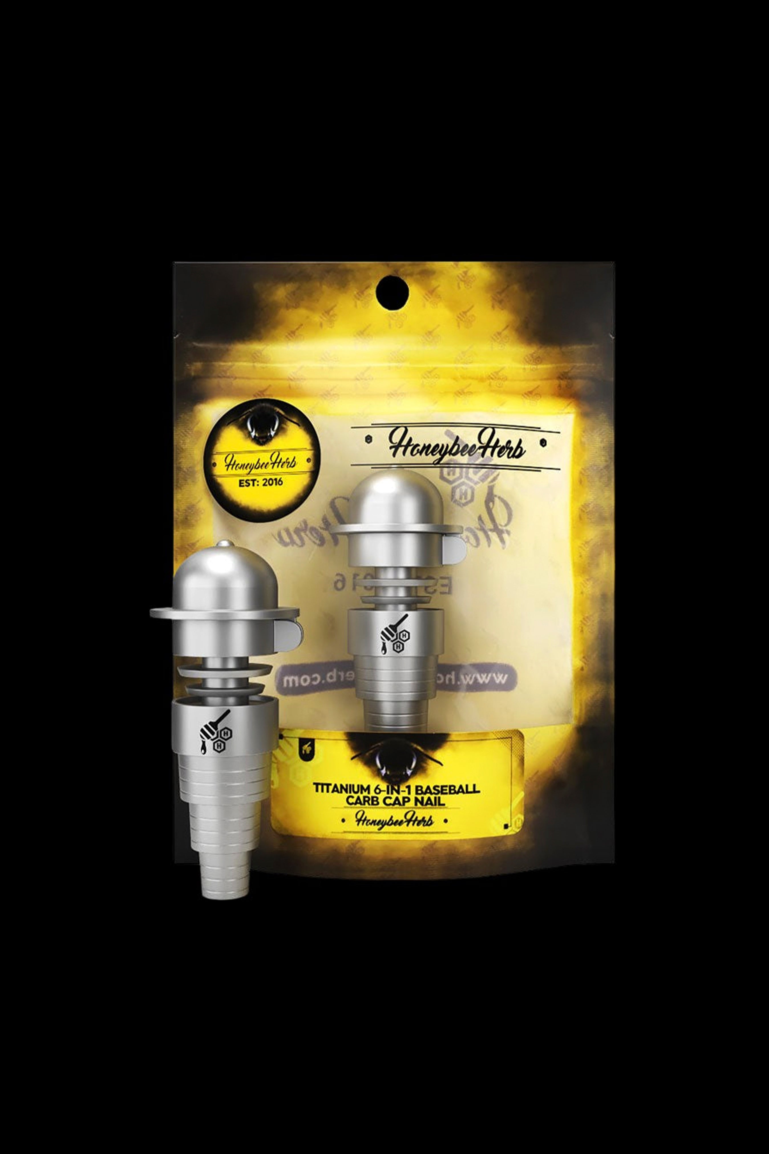 A product shot of a “Honeybee Herbs” branded titanium 6-in-1 carb cap nail for dabbing cannabis concentrates, packaged in a gold foil bag.